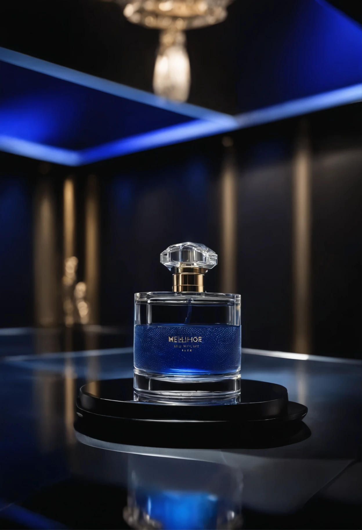 Attractive design on a black background with blue product display, The bottom must exude elegance and sophistication in an underwater environment, Melhore o apelo visual do perfume. You are free to use enlightenment, texturizado, and composition to create a luxurious atmosphere,Uma vez adicionado,The perfume will be the central focus and must be in a falling movement into the water