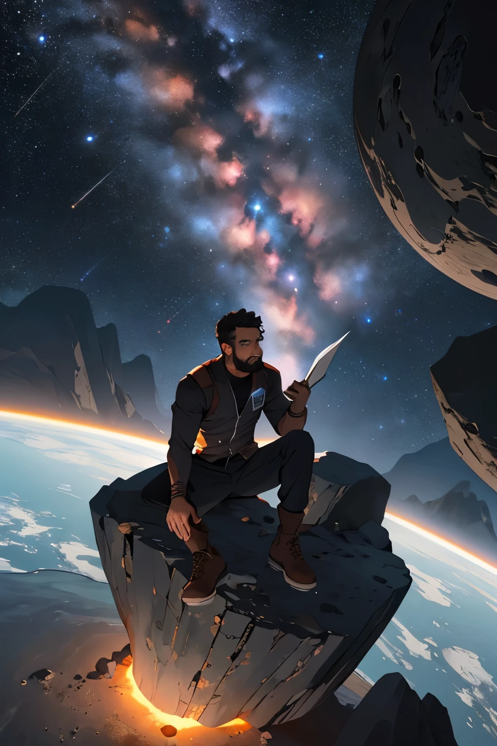Desenhe um jovem programador, sitting on a research platform floating in the middle of an asteroid belt. He is studying with a notebook, surrounded by several asteroids glowing with fiery auras. Dramatic lighting from distant stars and planets illuminates the scene, casting deep shadows on the costume. O jovem parece confiante e determinado, Looking at the vast and mysterious universe with wonder and respect,facial hair, tiro de vaqueiro,