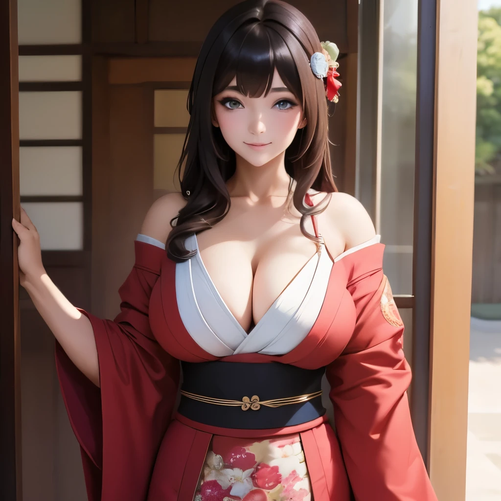 Gorgeous Japanese Mao Abe Hitomi Tanaka in a short kimono showing off her body, anime style, anime realism, Mao Abe mixed with Hitomi Tanaka, lascivious smile, smokey eyes, mid-twenties with a supple female body, CC-size breasts, anime style long hair, cleavage