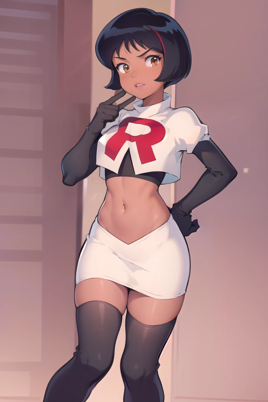 ((masterpiece, best quality)), 1girl,solo, alex, short hair, black hair, brown eyes, dark skin, tan, lipstick, team rocket,team rocket uniform,white skirt,red letter R,crop top,black thigh-highs,black elbow gloves