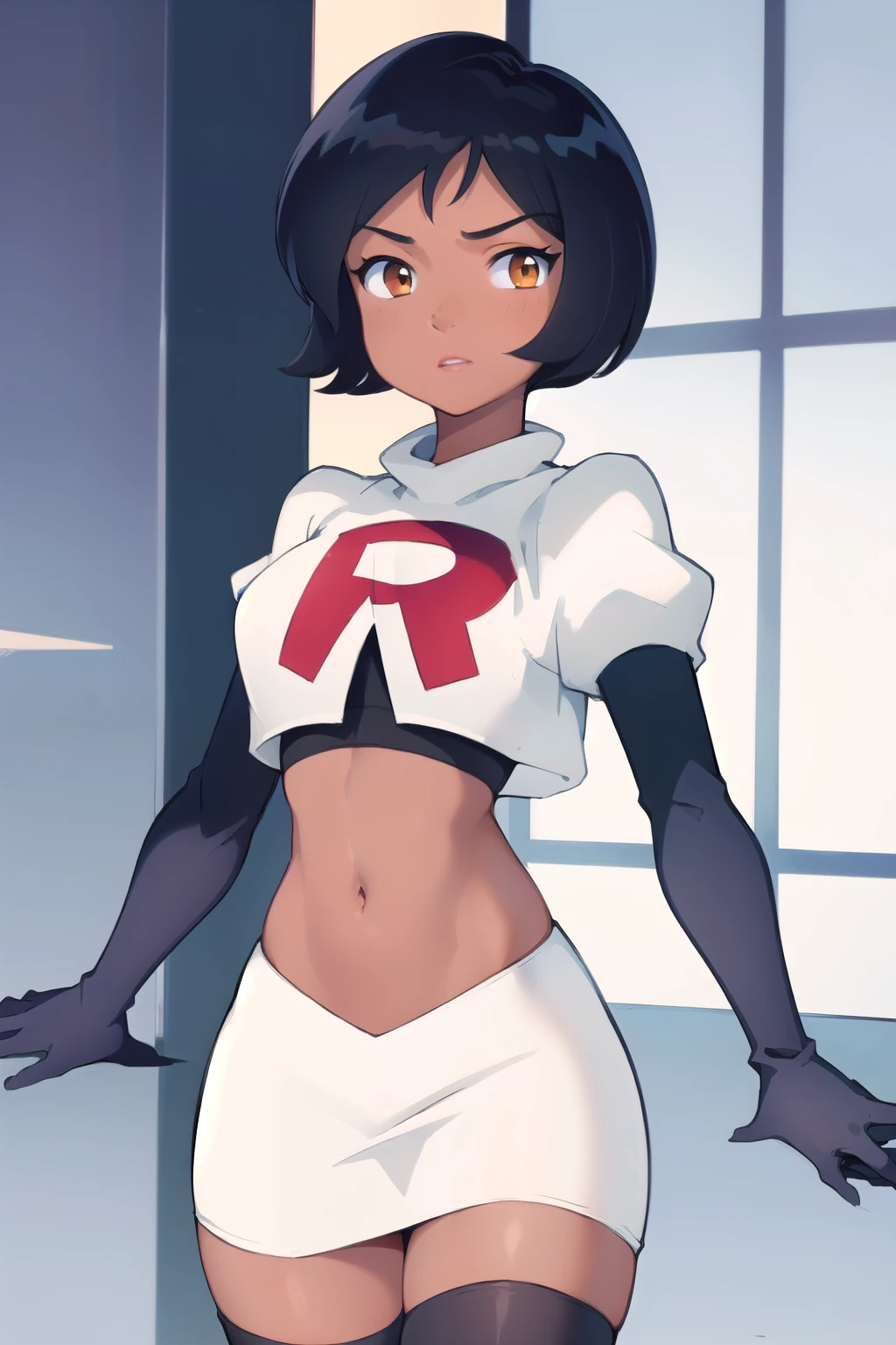 ((masterpiece, best quality)), 1girl,solo, alex, short hair, black hair, brown eyes, dark skin, tan, lipstick, team rocket,team rocket uniform,white skirt,red letter R,crop top,black thigh-highs,black elbow gloves