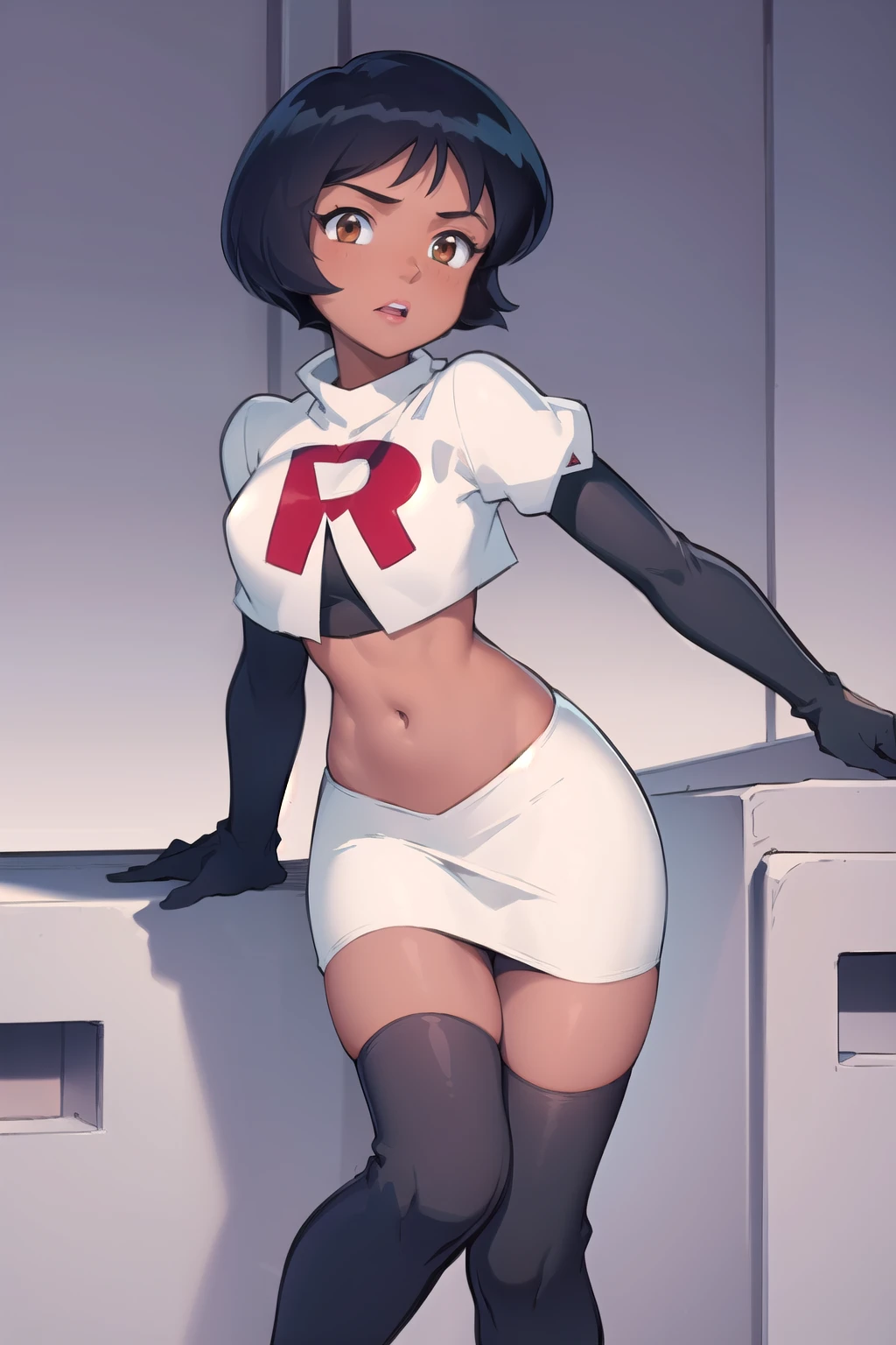 ((masterpiece, best quality)), 1girl,solo, alex, short hair, black hair, brown eyes, dark skin, tan, lipstick, team rocket,team rocket uniform,white skirt,red letter R,crop top,black thigh-highs,black elbow gloves