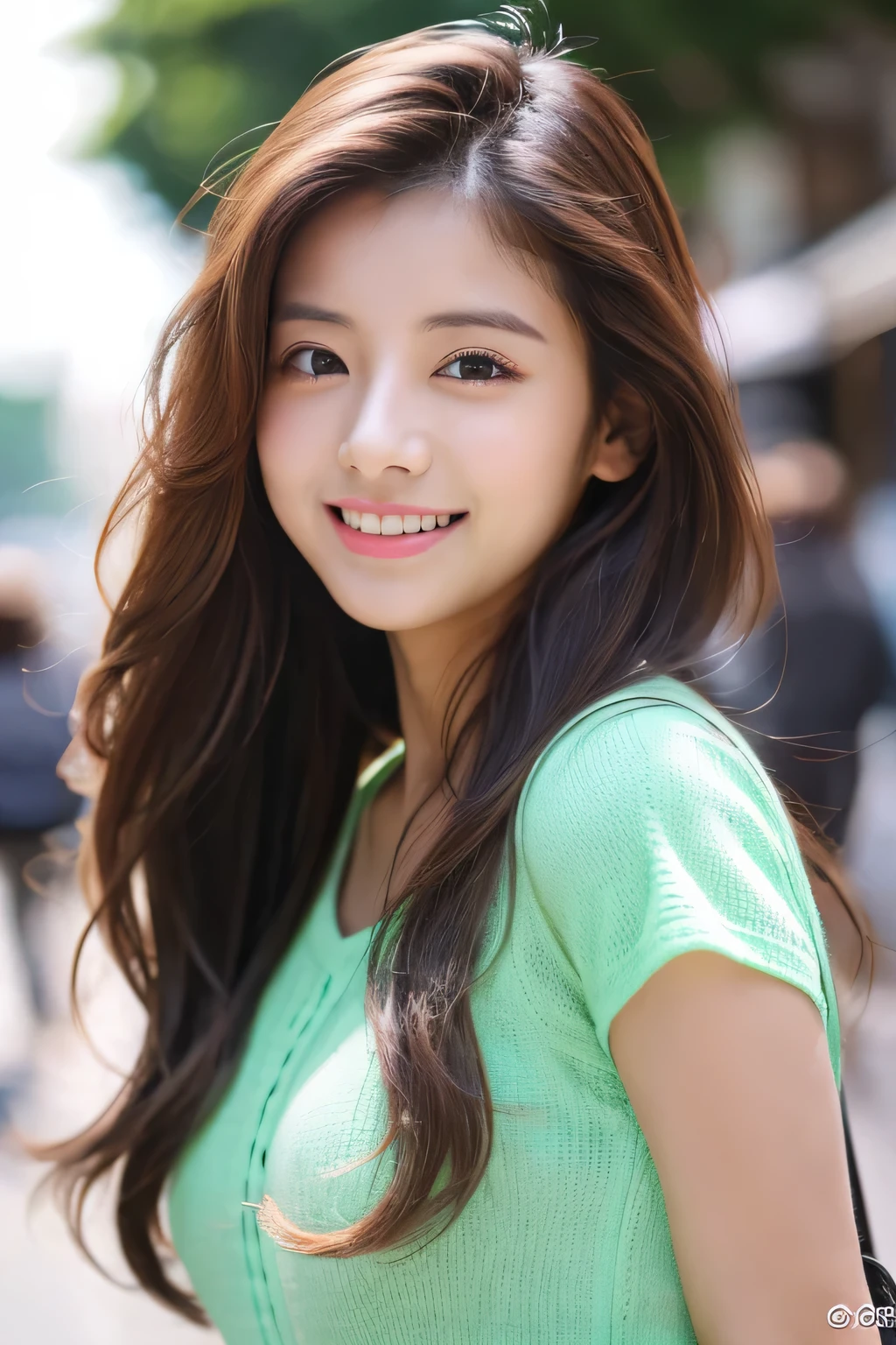 (8k、RAW photo、highest quality、masterpiece:1.2)、(realistic、Photoreal:1.37)、Super detailed、超A high resolution、1 cute girl、see the beholder、beautiful and detailed face、laughter、narrow、(slim waist) :1.3)、Fine and beautiful skin、skin texture、little brown hair、professional lighting、as a whole human body、long hair、in the street、medium long hair、Cute double eyelids