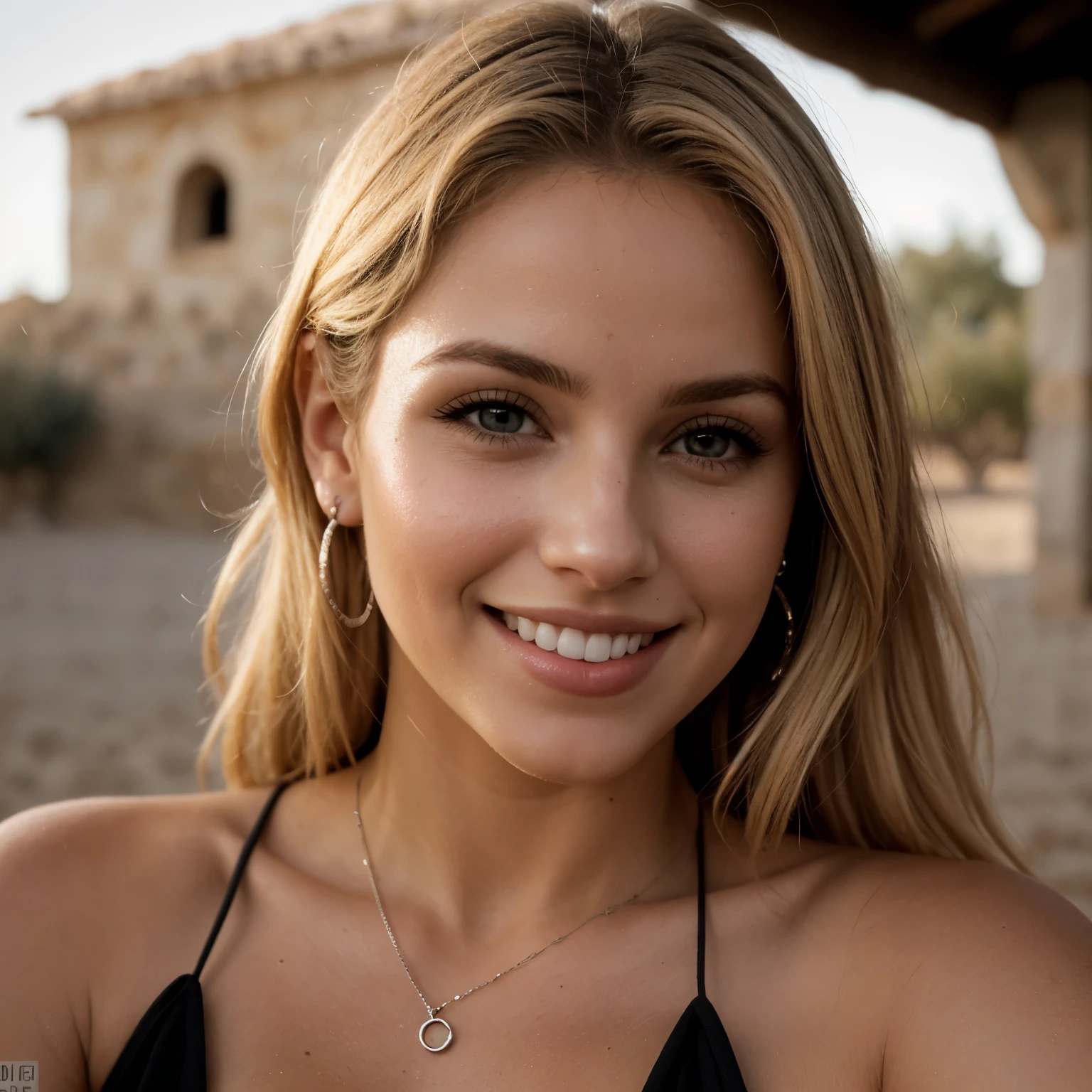 una foto de primer plano de la parte superior del cuerpo oscura de una rubia, con ojos perfectos, sonrisa, fondo oscuro, cuerpo perfecto