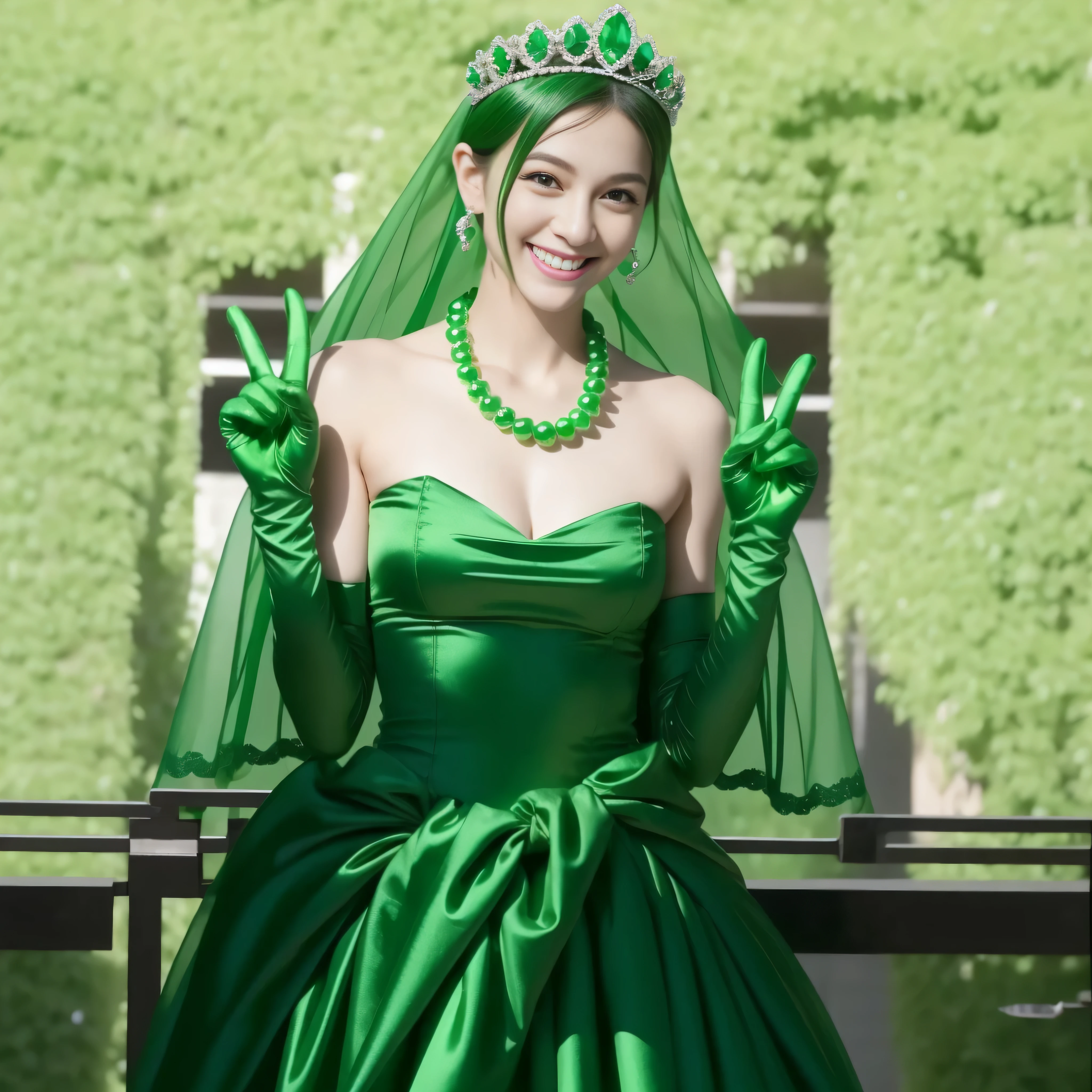 emerald tiara, Green Pearl Necklace, Boyish green berry short hair, lipstick, Smiling Japan woman, very short hair, big breasts beautiful, green eyes, Green long gloves made of satin material, green eyes, v sign, emerald earrings, green gloss