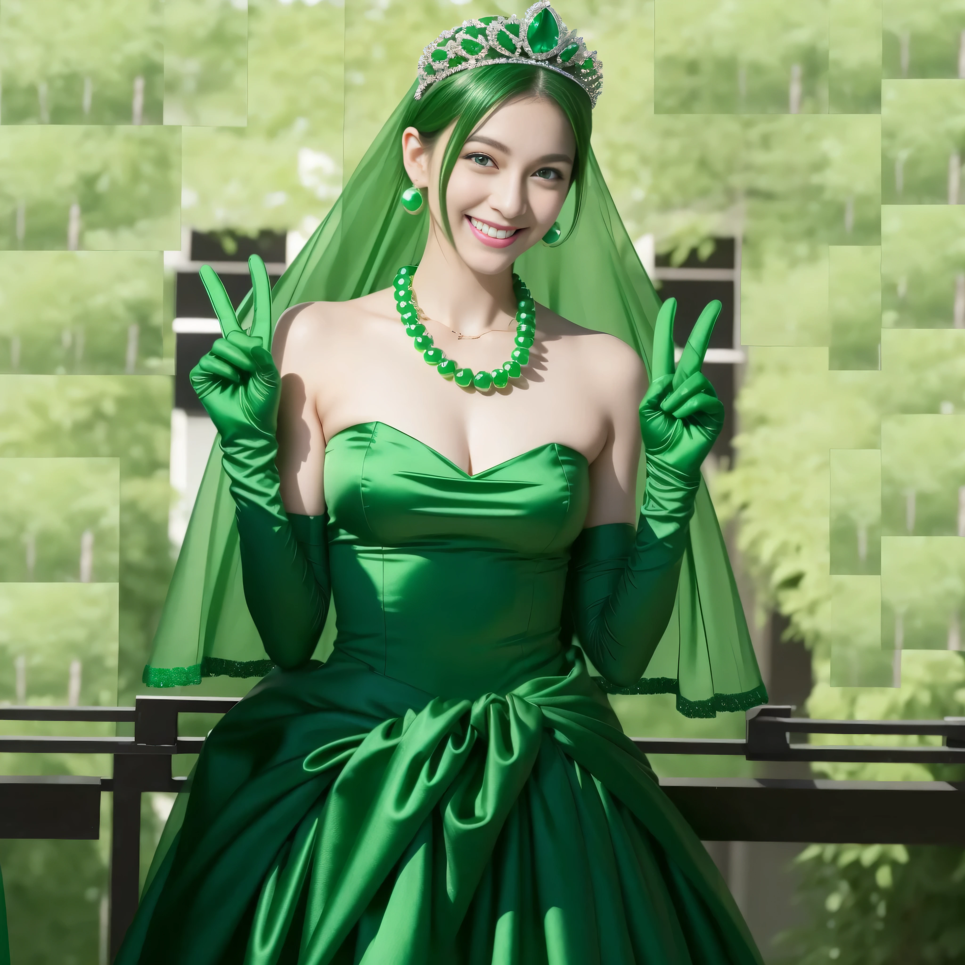 emerald tiara, Green Pearl Necklace, Boyish green berry short hair, lipstick, Smiling Japan woman, very short hair, big breasts beautiful, green eyes, Green long gloves made of satin material, green eyes, v sign, emerald earrings, green gloss