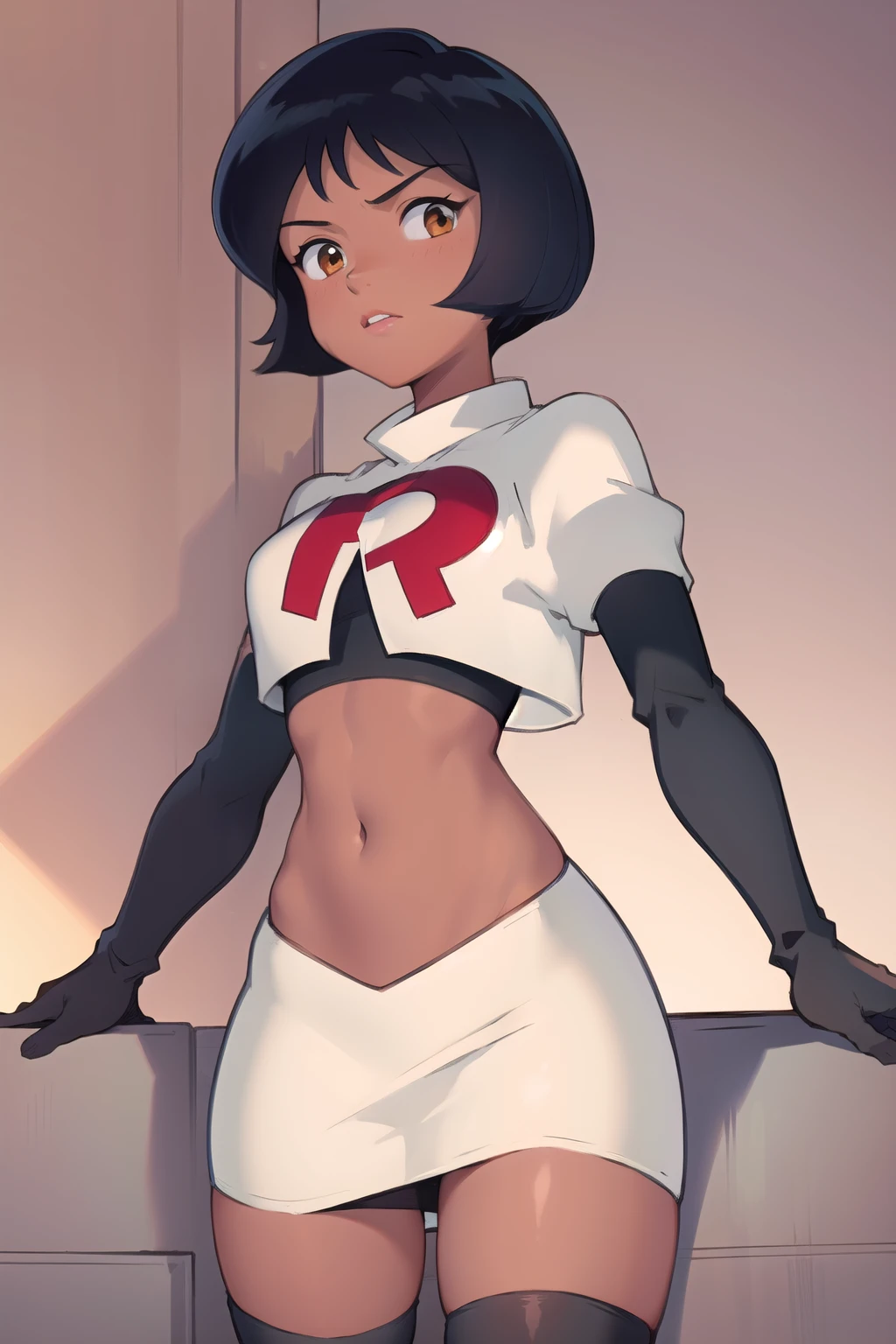 ((masterpiece, best quality)), 1girl,solo, alex, short hair, black hair, brown eyes, dark skin, tan, lipstick, team rocket,team rocket uniform,white skirt,red letter R,crop top,black thigh-highs,black elbow gloves