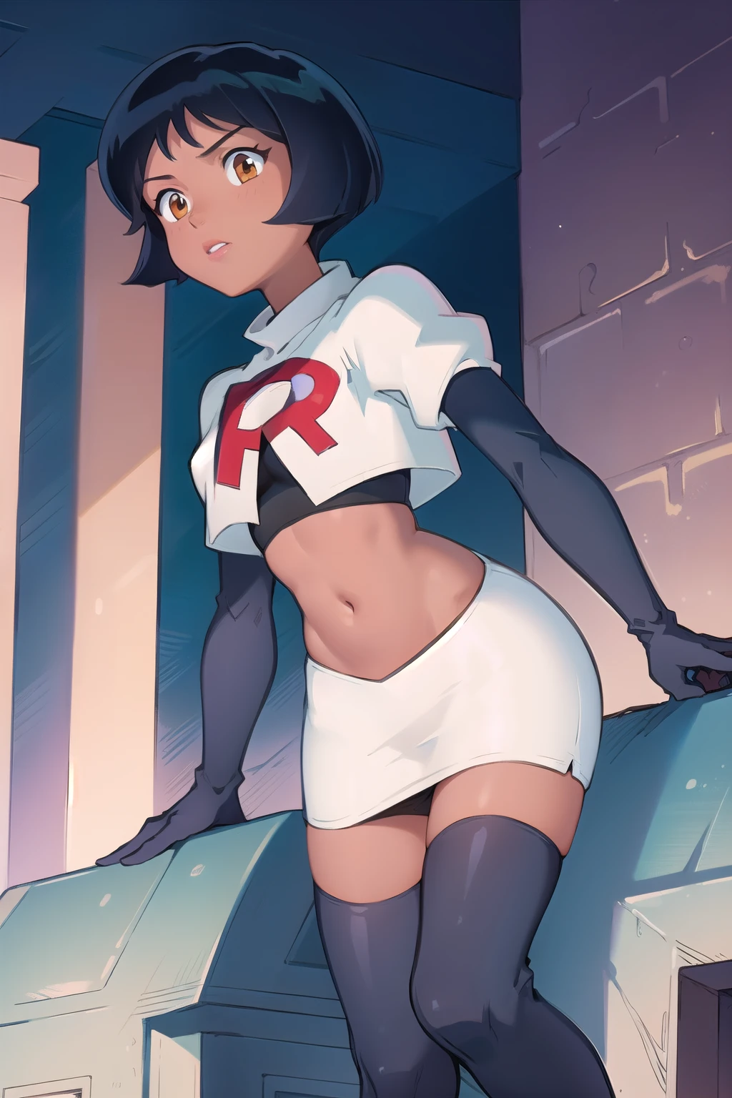 ((masterpiece, best quality)), 1girl,solo, alex, short hair, black hair, brown eyes, dark skin, tan, lipstick, team rocket,team rocket uniform,white skirt,red letter R,crop top,black thigh-highs,black elbow gloves