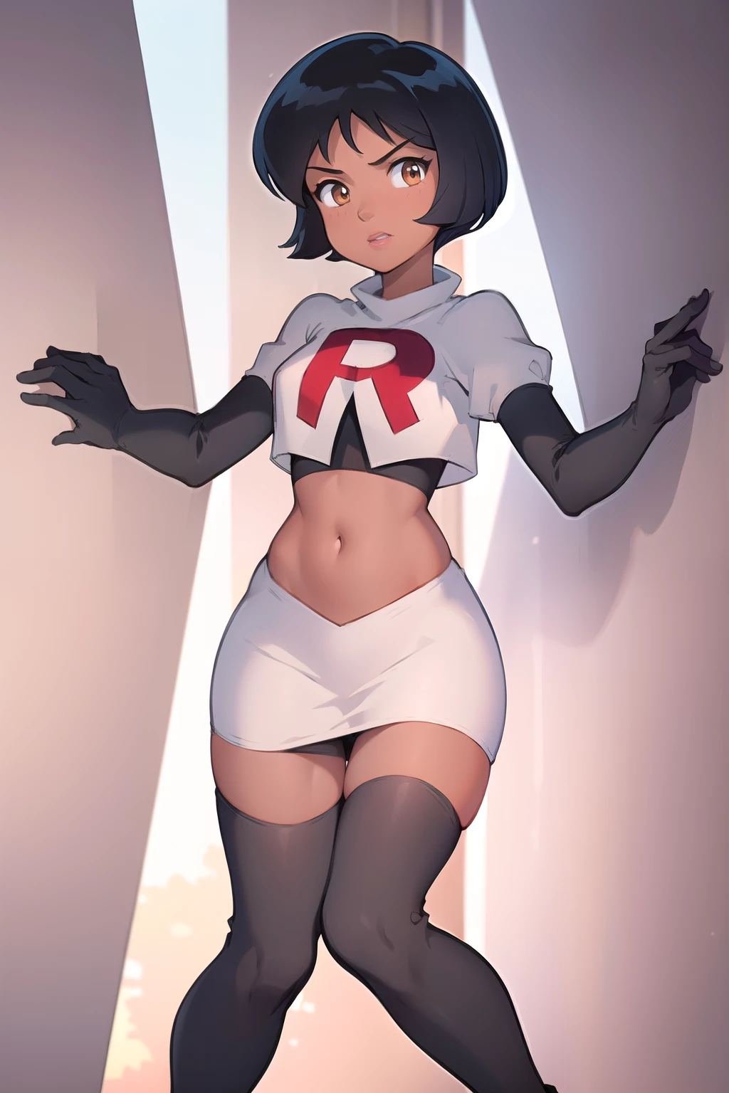 ((masterpiece, best quality)), 1girl,solo, alex, short hair, black hair, brown eyes, dark skin, tan, lipstick, team rocket,team rocket uniform,white skirt,red letter R,crop top,black thigh-highs,black elbow gloves