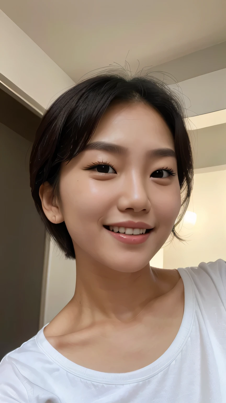 a Korean woman, wearing a white shirt, with short hair, finger pressed to her cheek, smile, close up, photograph