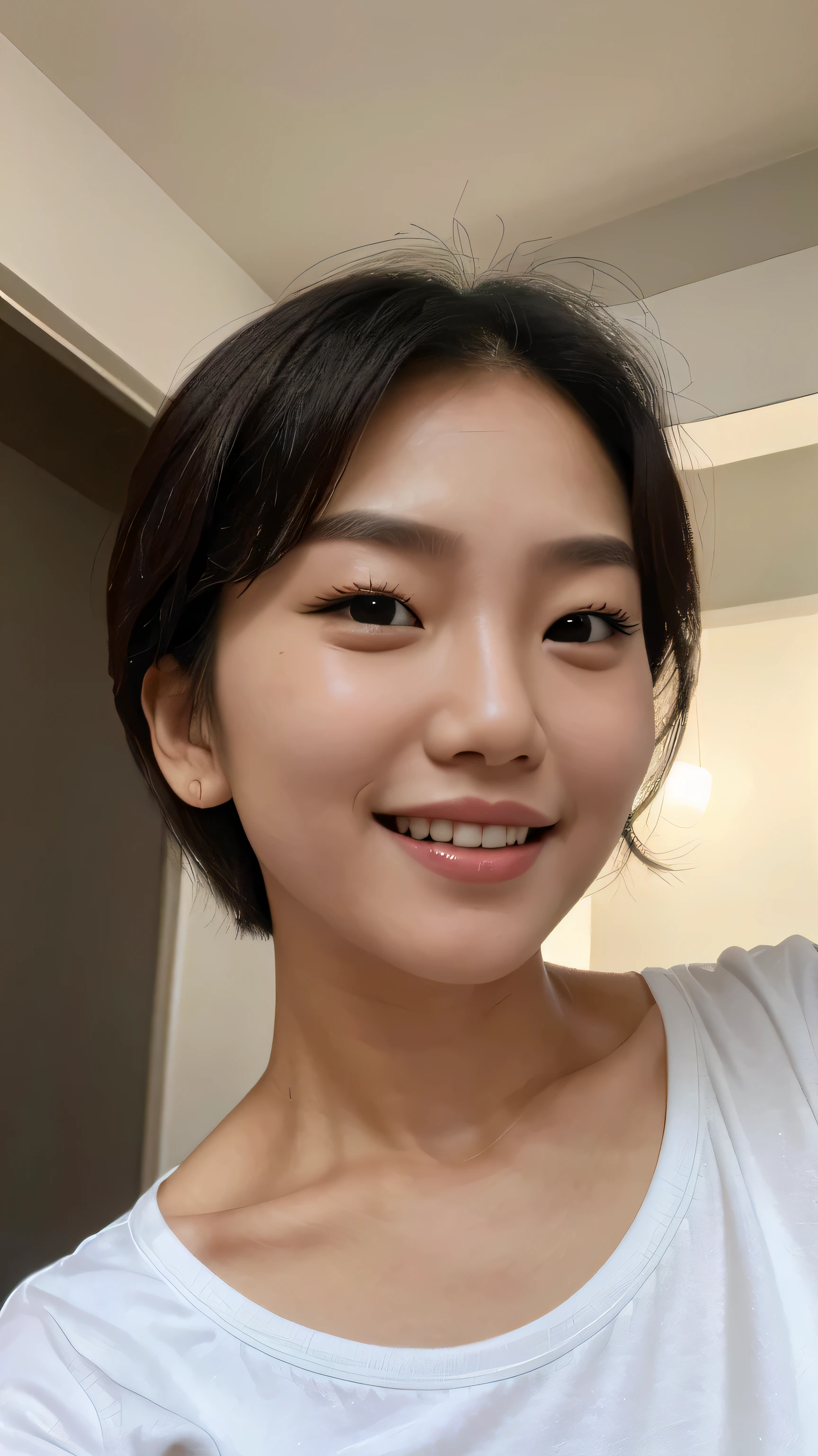 a Korean woman, wearing a white shirt, with short hair, finger pressed to her cheek, smile, close up, photograph