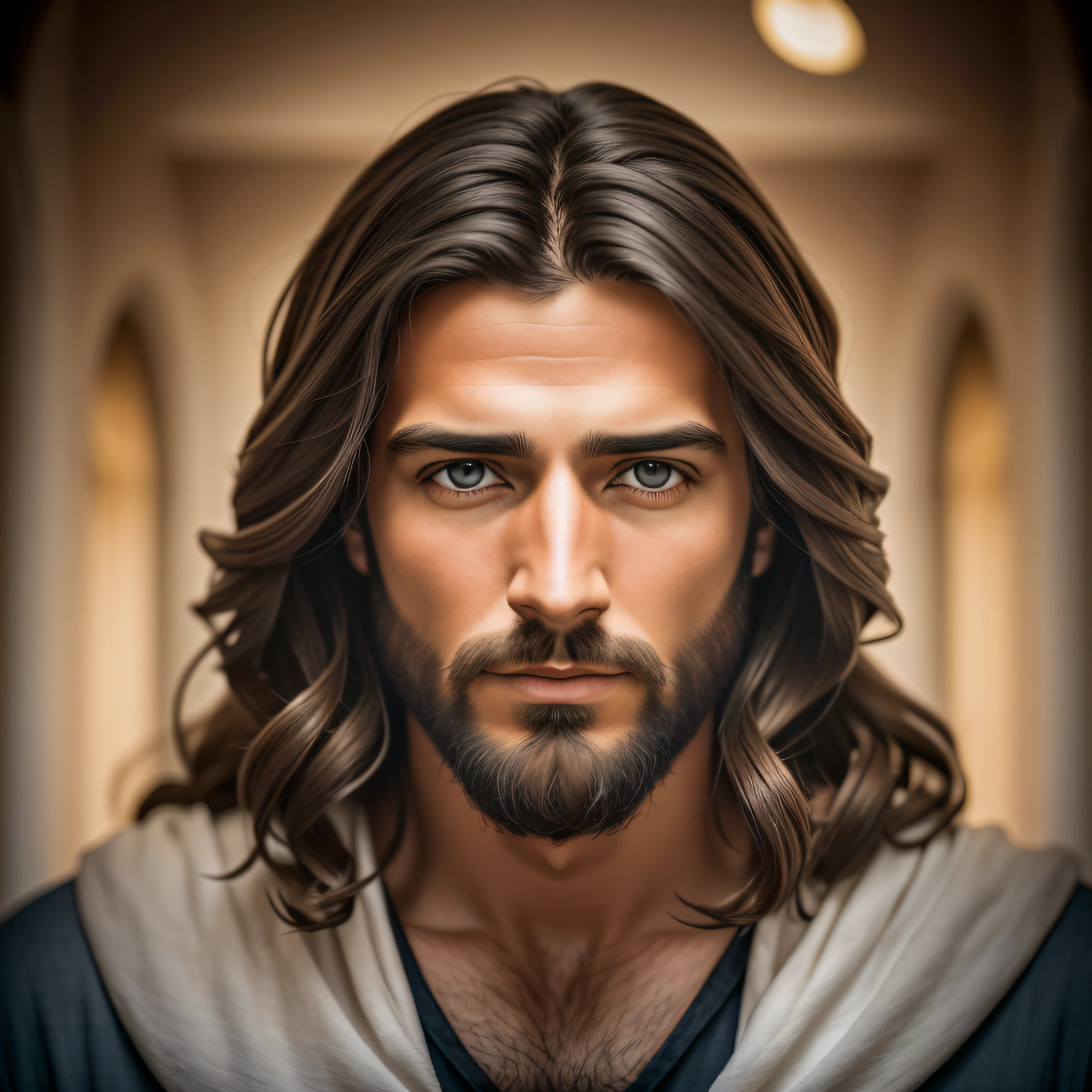 retrato, realista, Jesus Cristo, Jesus Christ of Nazare, alto detalhe, Realismo social, surrealismo, profundidade de campo, Cinematic lighting, Foto CRU, fotografia, obra-prima, extremamente complexa, Foto Fotorrealista, hiperdetalhado, cinematographic, luzes quentes, dramatic light, realistic epic, retrato cinematographic suave, adobe lightroom, Photo laboratory, altamente detalhado, melhor qualidade, olhos cor de mel, masculine traits, rosto enquadrado na imagem, white tunic