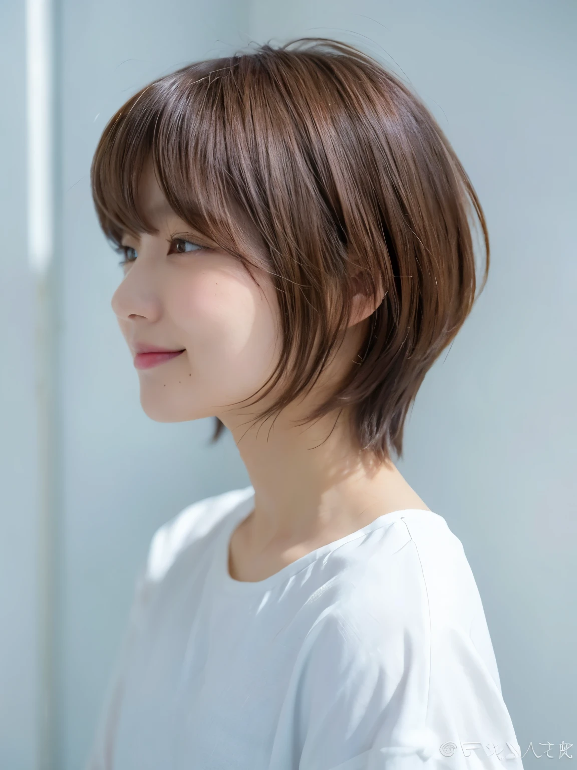 white wall、Taken in front of the white door、(8k、Live shooting、highest quality、masterpiece:1.2)、High-definition RAW color photo、light gray long sleeve shirt、professional photos、(genuine、フォトgenuine:1.37)、Photographed in natural light、1 girl、lazy smile、(various poses)、Blake is (ombre:1.3) 、spring clothes、simple necklace、don&#39;t look at the camera、profile、shortcut、((brown hair))、short hair、Eye color is dark brown、(Beautiful profile:1.3)、correct hand of human body、look down