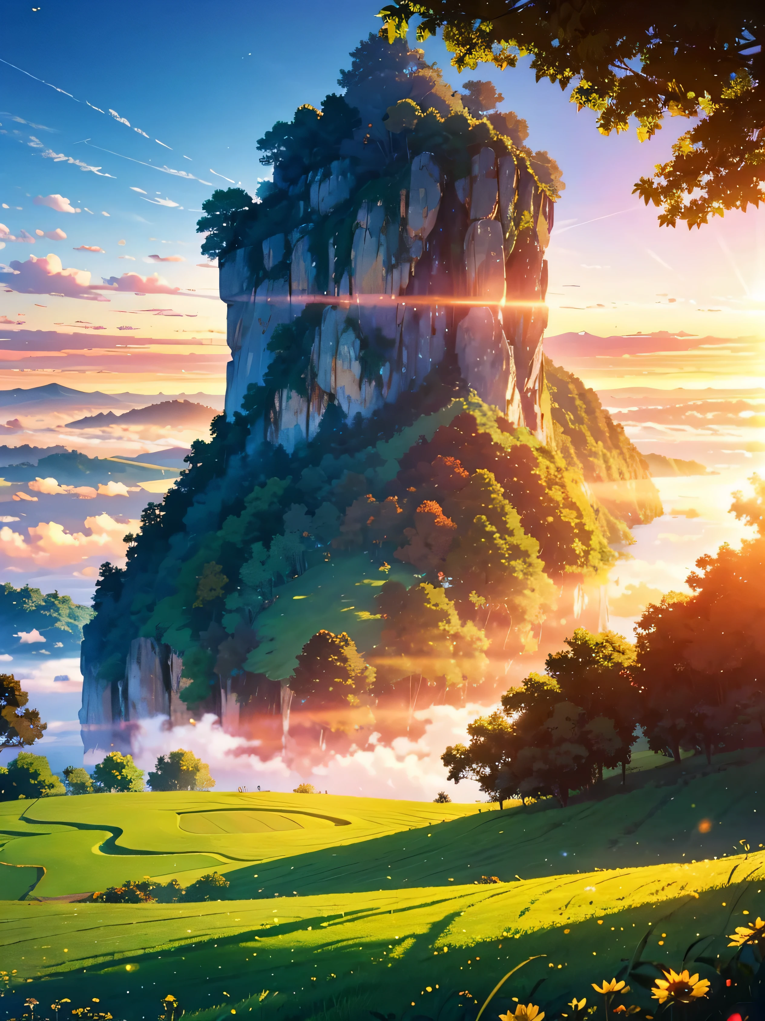 An anime-style panoramic drone shot captures the serene beauty of Chiang Rai's lush green mountains, enveloped in a gentle sea of mist at dawn.
Strawberry fields add vibrant patches of red to the landscape, contrasting with the verdant hues.
Above, the sky is a clear, brilliant blue, with the rising sun casting a soft, golden light that illuminates the scene with a dreamy glow.