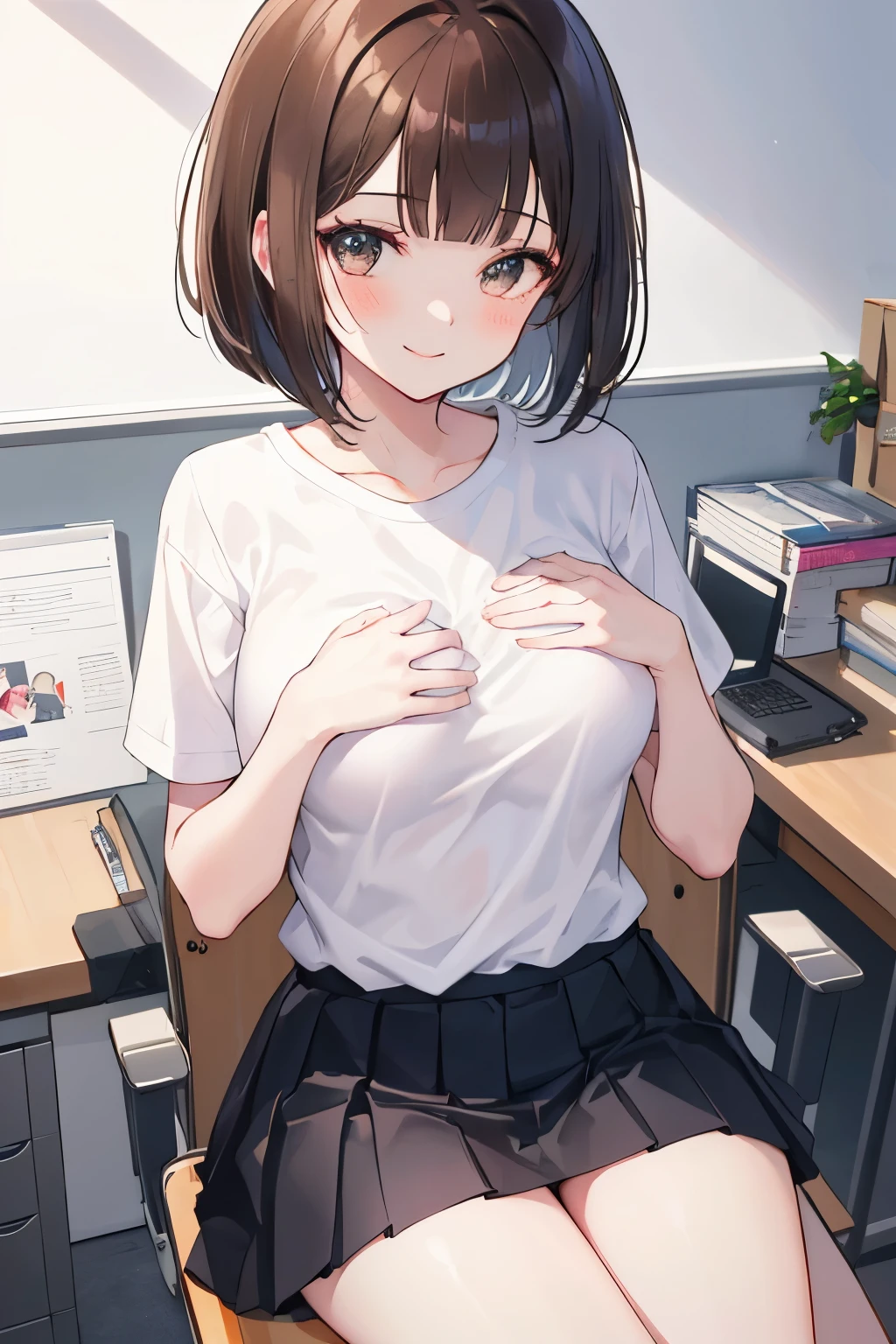 frame in, from right in front of face and body, view straight on, upper body, High quality, very high res, High quality, very high res, cute girl, brown hair, forehead, blunt bangs, bob cut, blush, Brushed up bangs, (white wearing a plain t-shirt), upright, pleated skirt, work desk, sitting in a work chair, (((put pov hand on girls chest))), smile, at office