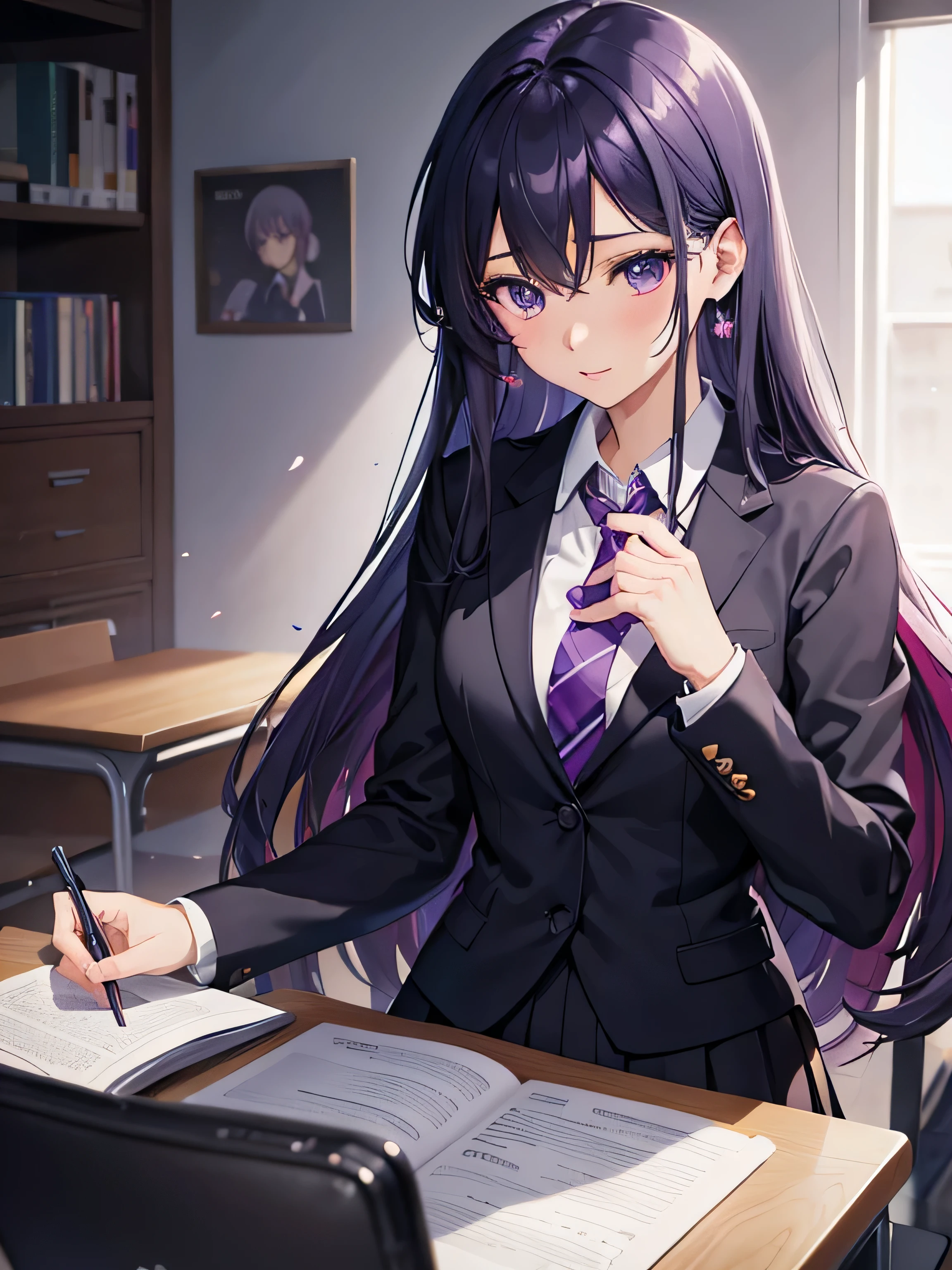 anime girl in a school uniform with a purple tie and a black jacket, anime moe artstyle, anime visual of a cute girl, beautiful anime high school girl, smooth anime cg art, seductive anime girl, realistic , girl portrait, a hyperrealistic , attractive anime girl, hyperrealistic , marin kitagawa fanart