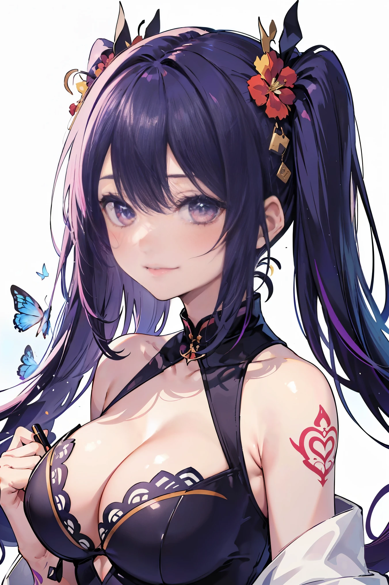 a 20 yo woman、Blackberry Hair、long twintail、Big smile、cleavage of the breast、Thighs at a glance、fishnet tights、Long cheongsam with long purple ankles on open chest、(hi-top fade:1.3)、dark themed、Muted Tones、Subdued Color、highly contrast、(natural skin textures、Hyper-Realism、Soft light、sharp) (masutepiece, of the highest quality, Best Quality, Official art, Beautiful and aesthetic: 1.2), (1girl in: 1.3), Very detailed, (Fractal Art: 1.1), (Color: 1.1) (Flowers: 1.3), (By Yuko Higuchi:1.4), Yuko Higuchi,(posted by Yow:1.2),(linear art),Line drawing,Pen drawing,Zentangle,(Tattoo patterns:1.2),(complex lineasutepiece),(Best Quality:1.1), (Ultra-detailed),Best Illustration,finely detail,hand-drawn high quality,High contrast,(Clean lines:1.3),ligne claire,(Portrait),(very closeup:1.1),1 girl,Solo,The girl is wrapped in snow,(Intricate details:1.3),(Detailed background:1.2),(coloured background:1.1),sketch,Intricate details,High resolution，a moon，Butterfly and flower tattoos all over his upper body，