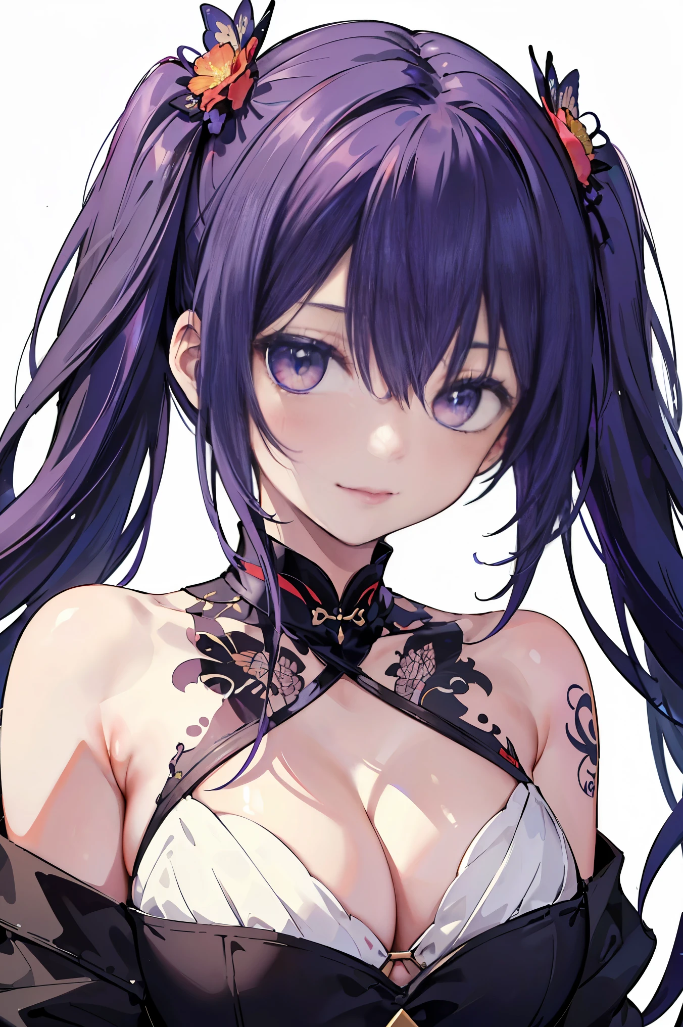 a 20 yo woman、Blackberry Hair、long twintail、Big smile、cleavage of the breast、Thighs at a glance、fishnet tights、Long cheongsam with long purple ankles on open chest、(hi-top fade:1.3)、dark themed、Muted Tones、Subdued Color、highly contrast、(natural skin textures、Hyper-Realism、Soft light、sharp) (masutepiece, of the highest quality, Best Quality, Official art, Beautiful and aesthetic: 1.2), (1girl in: 1.3), Very detailed, (Fractal Art: 1.1), (Color: 1.1) (Flowers: 1.3), (By Yuko Higuchi:1.4), Yuko Higuchi,(posted by Yow:1.2),(linear art),Line drawing,Pen drawing,Zentangle,(Tattoo patterns:1.2),(complex lineasutepiece),(Best Quality:1.1), (Ultra-detailed),Best Illustration,finely detail,hand-drawn high quality,High contrast,(Clean lines:1.3),ligne claire,(Portrait),(very closeup:1.1),1 girl,Solo,The girl is wrapped in snow,(Intricate details:1.3),(Detailed background:1.2),(coloured background:1.1),sketch,Intricate details,High resolution，a moon，Butterfly and flower tattoos all over his upper body，