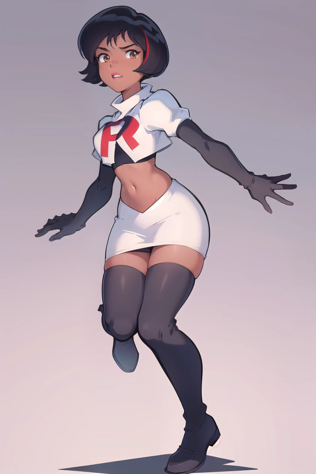 ((masterpiece, best quality)), 1girl,solo, alex, short hair, black hair, brown eyes, dark skin, tan, lipstick, team rocket,team rocket uniform,white skirt,red letter R,crop top,black thigh-highs,black elbow gloves