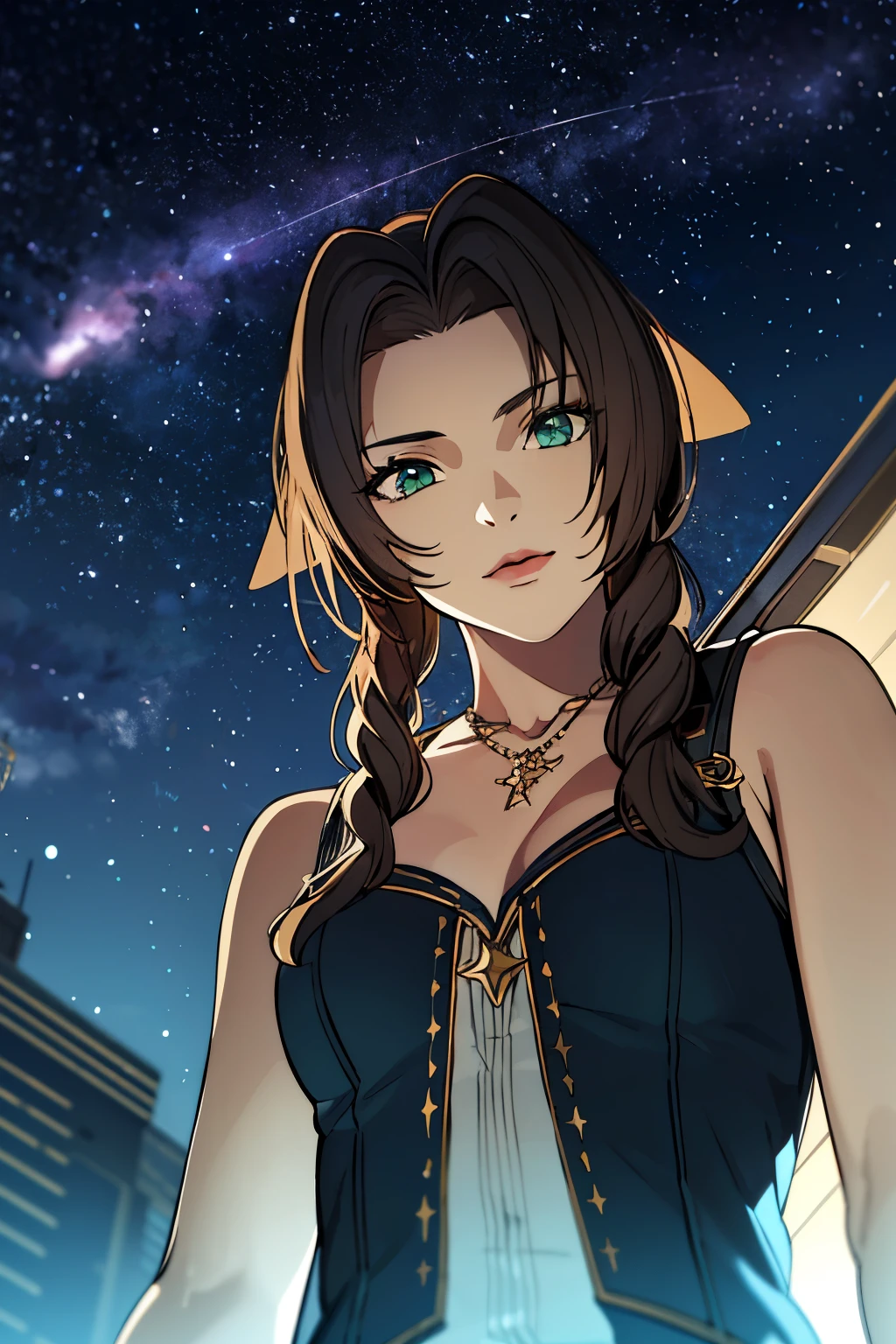 FF10 Aerith, looking at the starry sky, from below, high resolution, upper body,