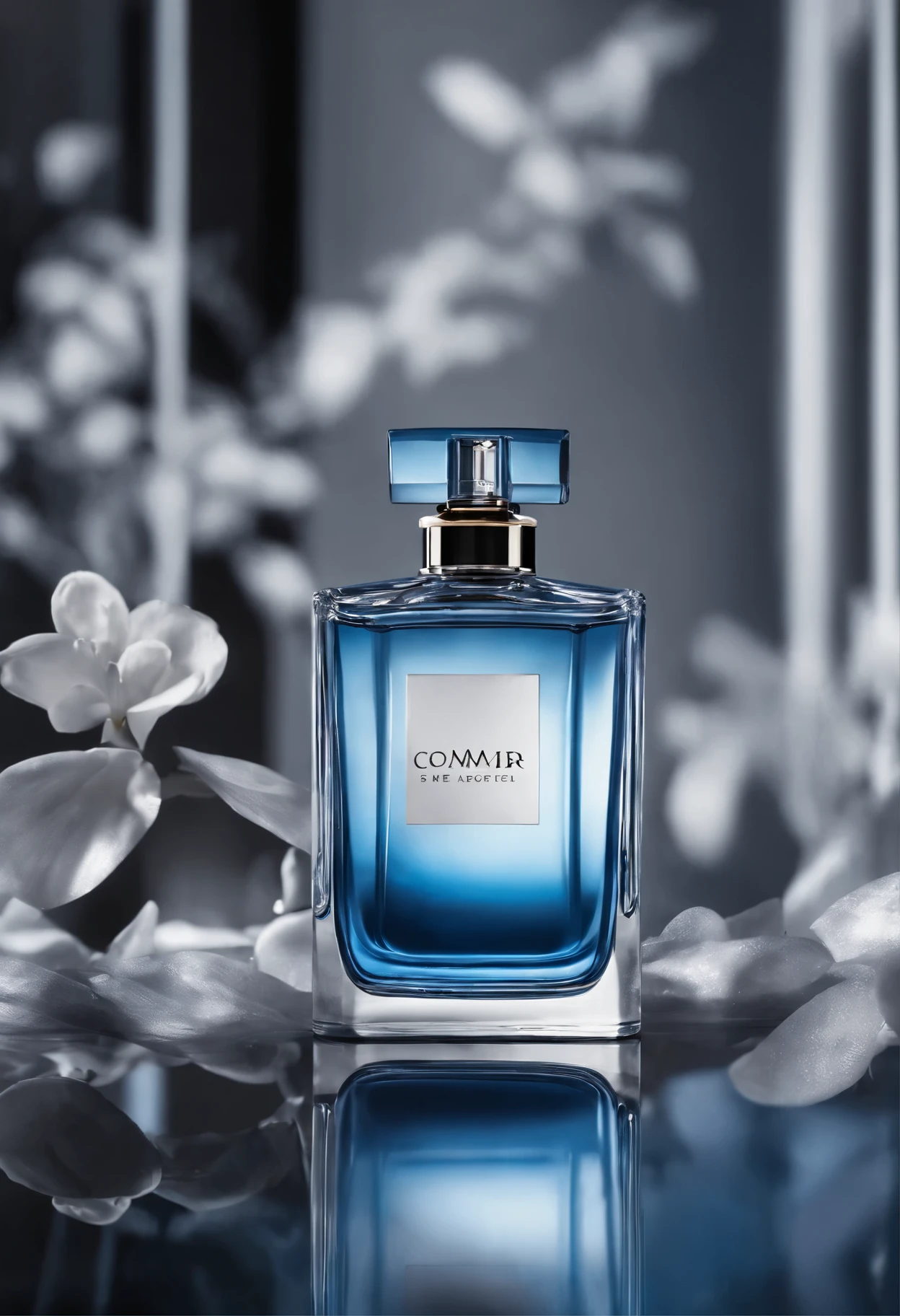 Attractive black background design with blue caomdp product display inside water, O background deve ser azul cor de pscina, Enhance the visual appeal of the perfume exude elegance and sophistication . You are free to use enlightenment, texturizado, and composition to create a luxurious atmosphere,Uma vez adicionado,The perfume will be the central focus and must be in a falling movement into the water