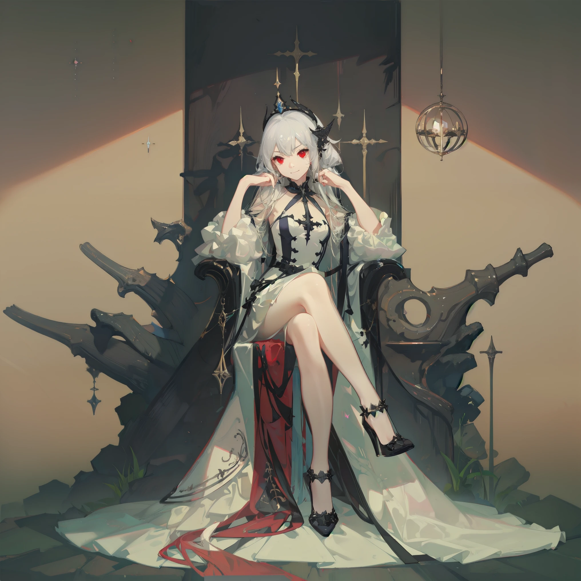 young girl, Long white hair, red eyes, Red Futhark Tattoo, smirk, princess dress, small breasts, open breasts, Wide neckline, sitting on the throne, legs crossed, Masterpiece, hiquality, higly detailed, HD, 4k