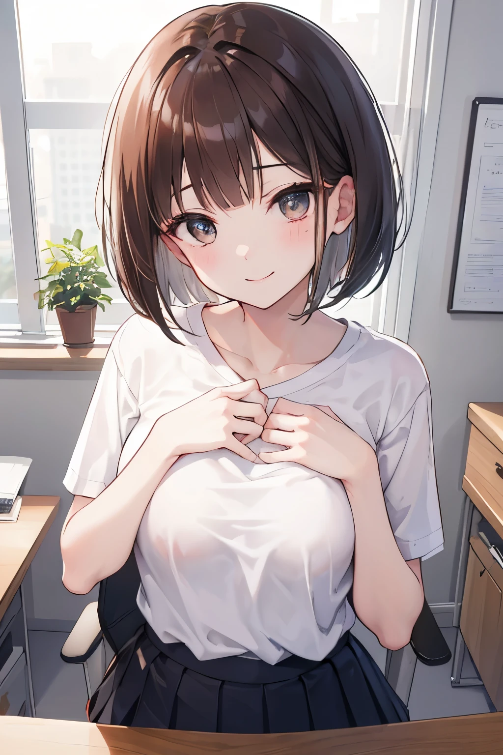 frame in, from right in front of face and body, view straight on, upper body, High quality, very high res, High quality, very high res, cute girl, brown hair, forehead, blunt bangs, bob cut, blush, Brushed up bangs, (white wearing a plain t-shirt), upright, pleated skirt, work desk, sitting in a work chair, (((put pov hand on girls chest))), smile, at office