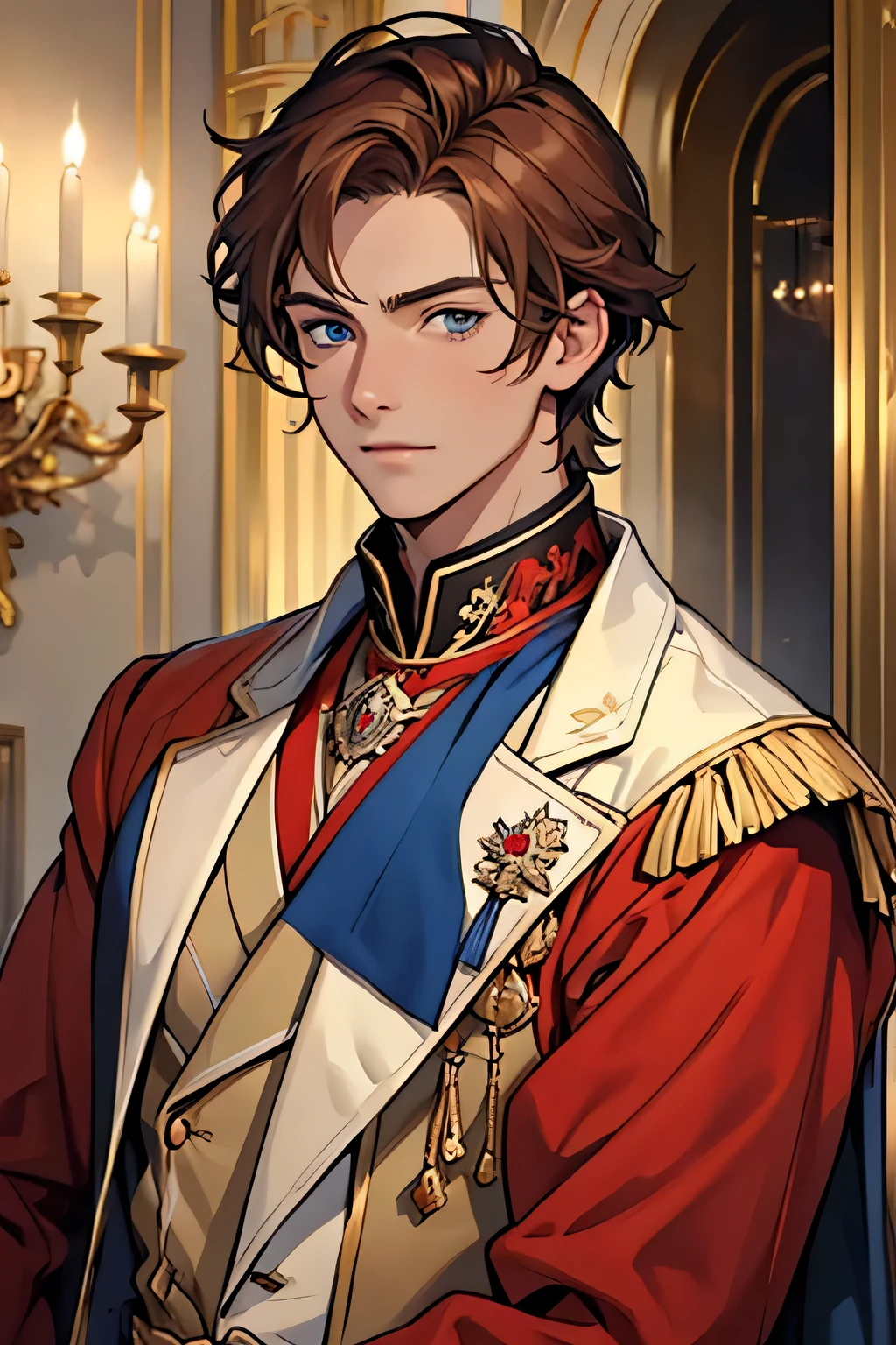 ((best quality)), ((masterpiece)), (detailed), perfect face, young man, male, has reddish-brown hair, has blue eyes, is wearing european-style royal clothing, background is a grand, luxurious palace ballroom