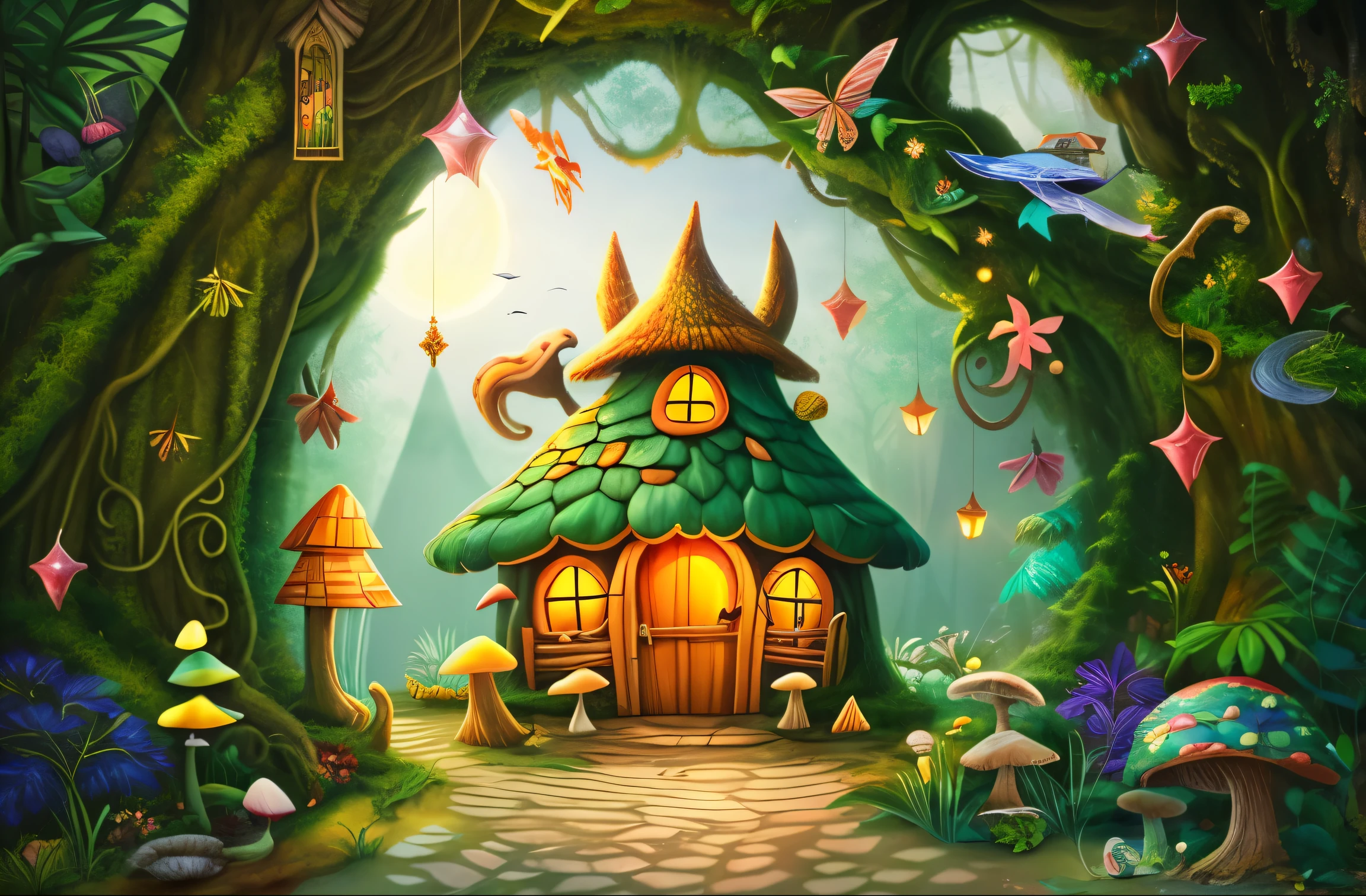 Fairy house close-up,There is a road ahead, enchanted Enchanted Jungle, Warm and charming scene, magic wonderland, Immortal Palace, fairy tale kingdom forest, Immortal Palace, magic fairy forest, elves house, mushroom house, fairy forest, mushroom houses, magical fairy background, Enchanted Jungle, enchanted forest, magical village, fairy forest