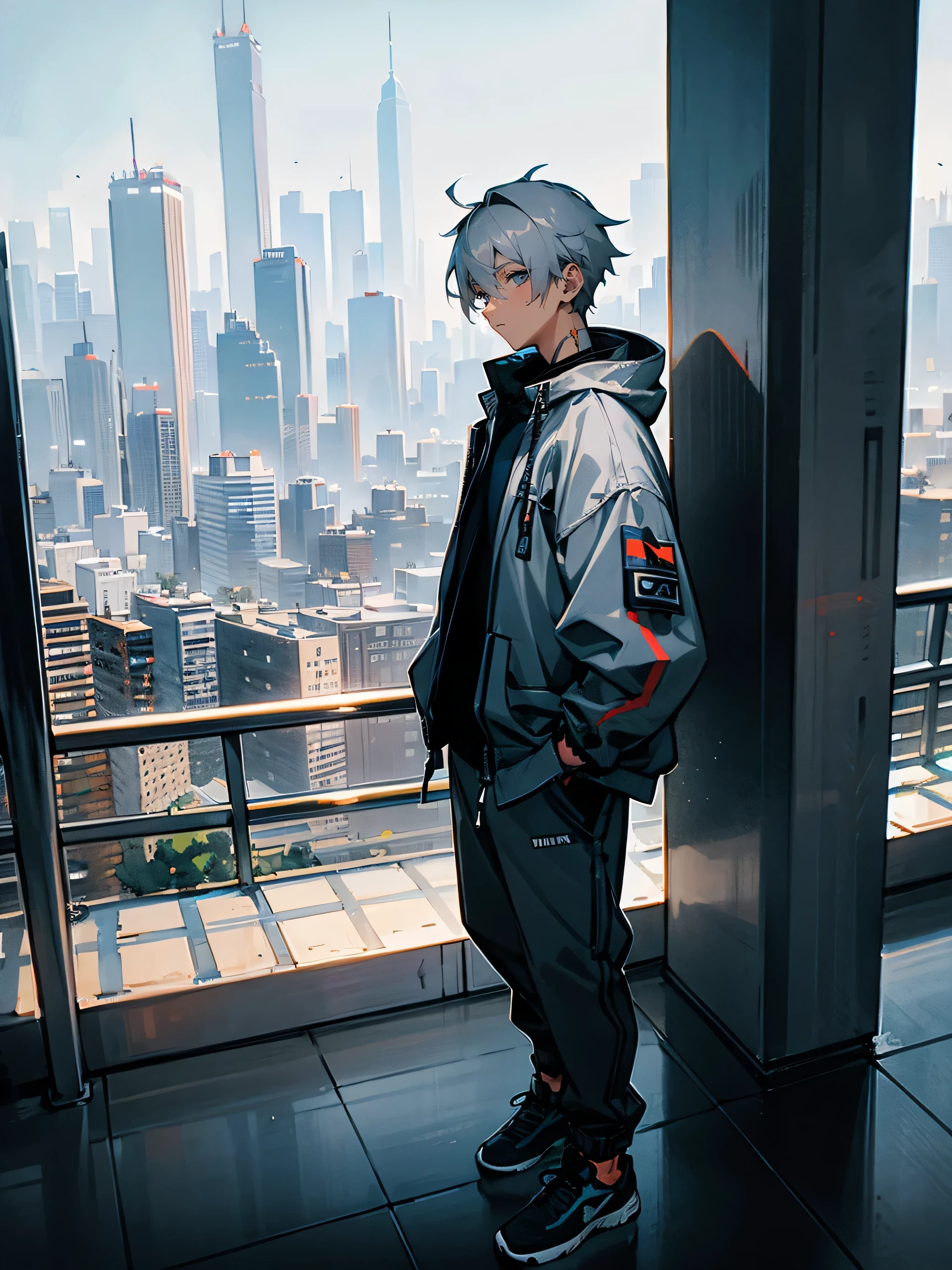 Male with Steel Gray Hair:
Short, steel gray hair
Casual urban streetwear
City skyline in the background