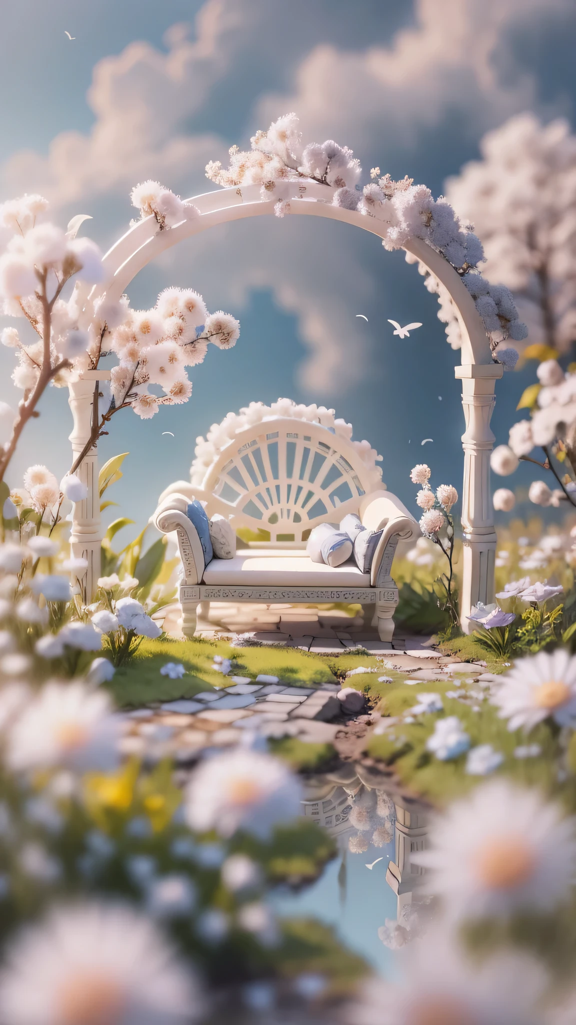 Magic garden miniature scene, delicate white flowers、soft glowing branches、Illuminated by happy smiling miniatures. 8K Autorealist,above the clouds、A lot of white cotton is falling on the ground、Fluffy cotton chair、cotton table、rainbow bridge,heaven