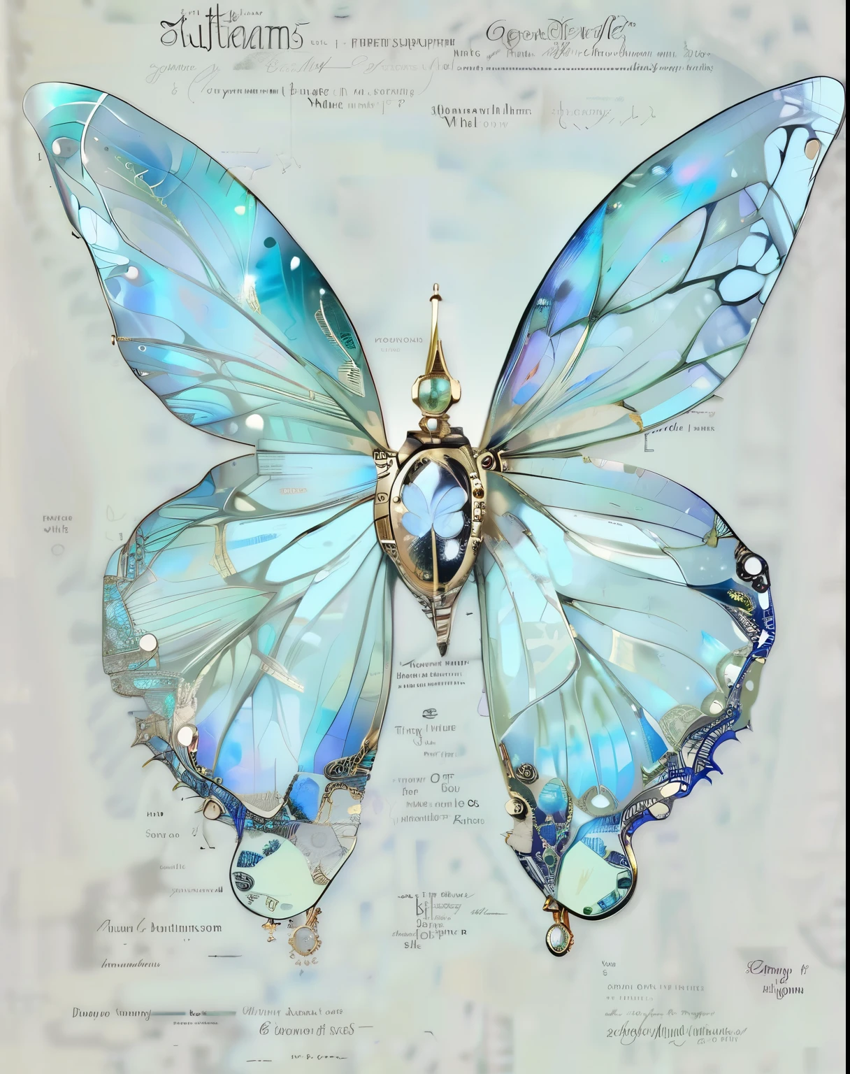 there is a Butterfly with a blue wing and a gold crown, Exquisite and handsome wings, Butterfly, steampunk Butterfly, has beautiful wings, Butterfly jewelry, inspired by Daniel Merriam, glow，Very detailed, translucent，Finely detailed wings, ethereal wings, transparent wings, harmony of Butterfly, Gossamer wings, Butterfly wings, mechanical Butterfly, beautiful art, tiffany style, transparent marble Butterfly