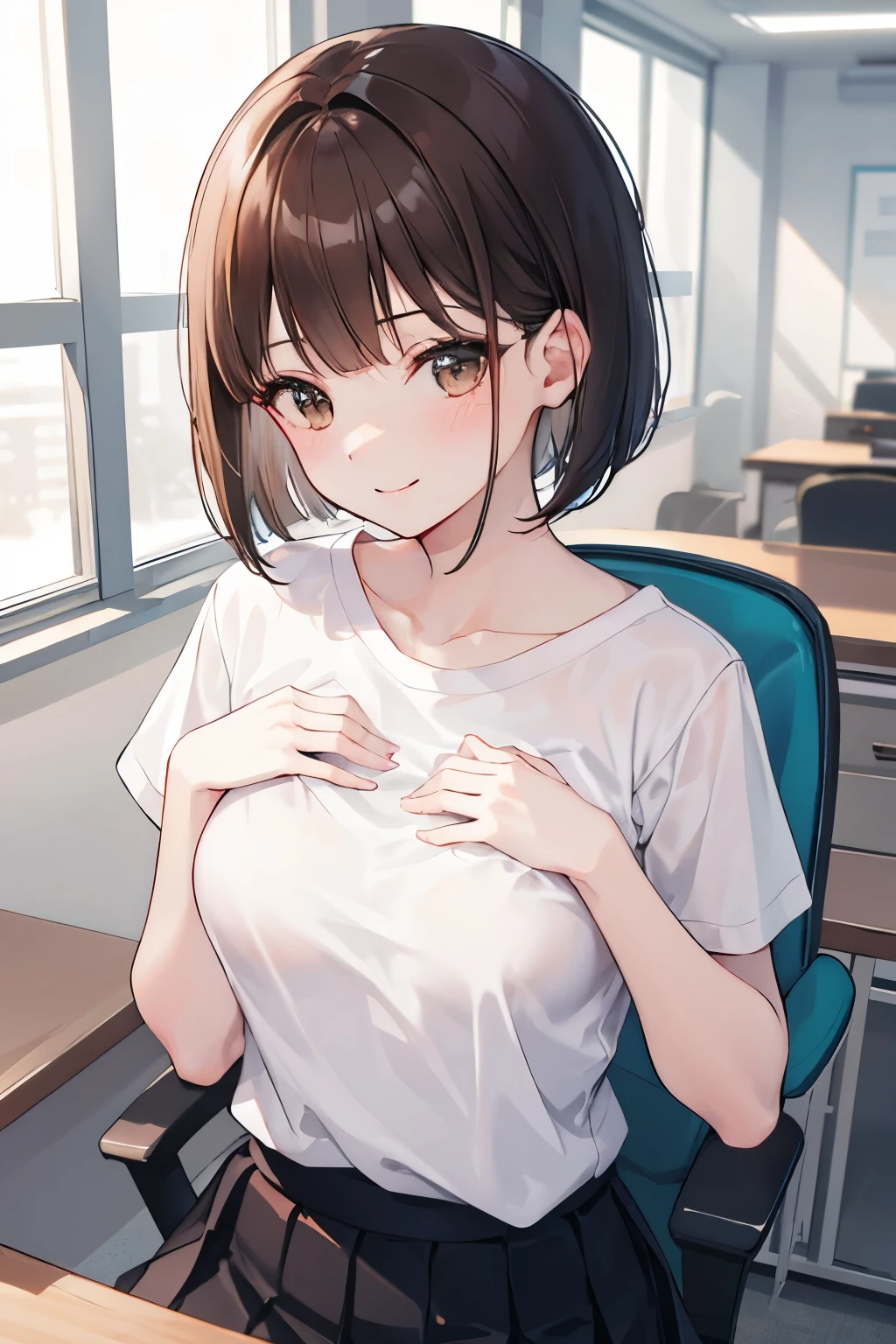 frame in, from right in front of face and body, view straight on, upper body, High quality, very high res, High quality, very high res, cute girl, brown hair, forehead, blunt bangs, bob cut, blush, Brushed up bangs, (white wearing a plain t-shirt), upright, pleated skirt, work desk, sitting in a work chair, (((put pov hand on girls chest))), smile, at office