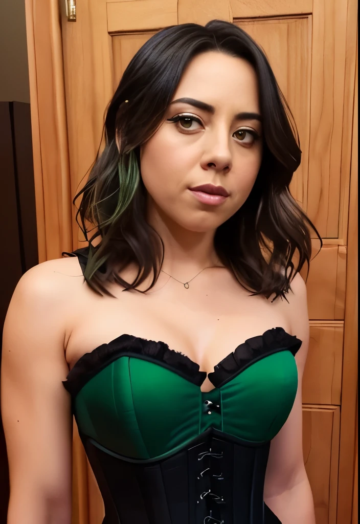 masterpiece, lifelike upper body image of AubreyPlaza, ((wearing black corset and green skirt)), photo realistic, resting bitch face, frowning, highly detailed, detailed face, windswept, dramatic lighting, perfect eyes,