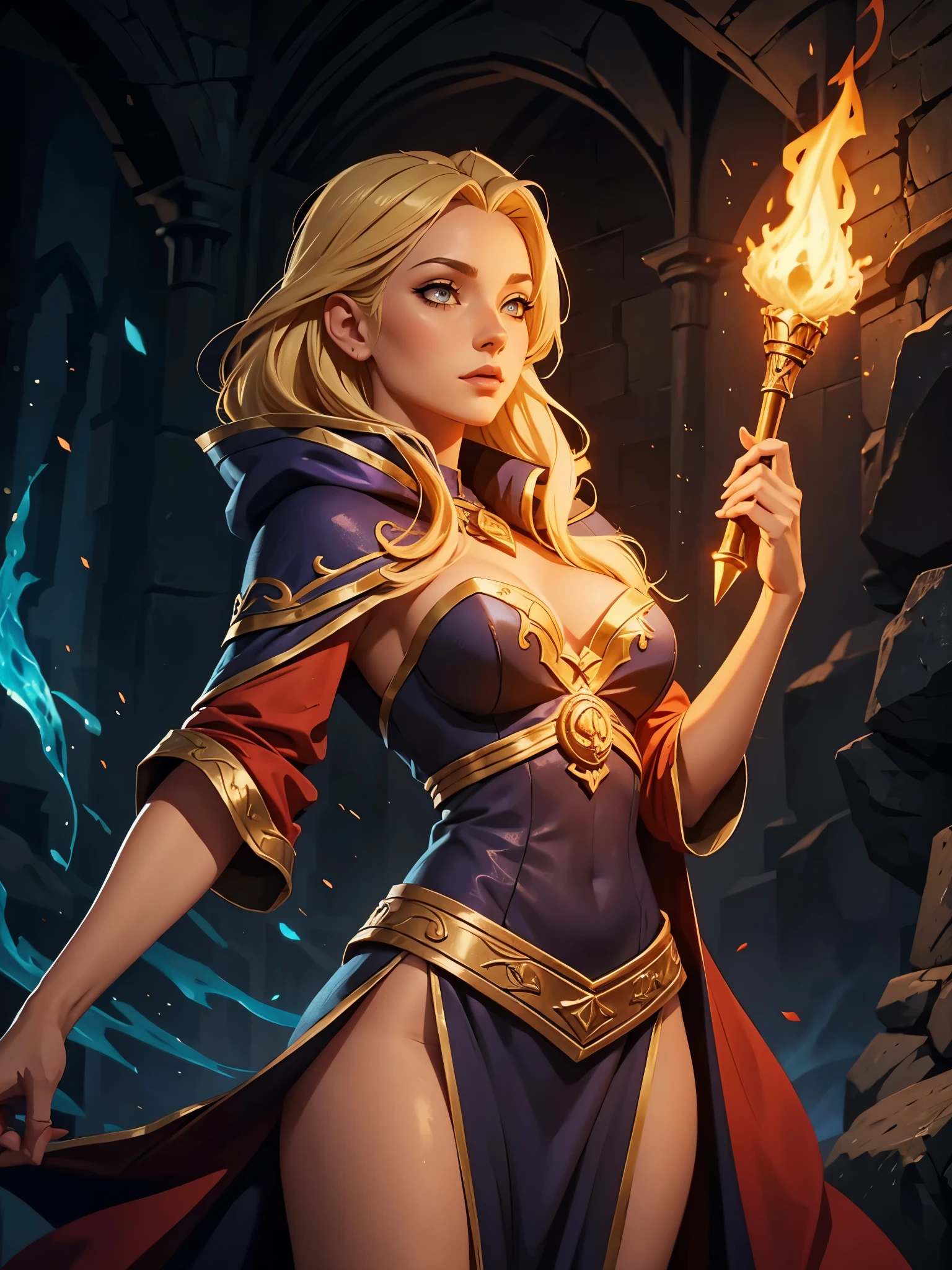 Beautiful blonde female wizard. Sexy dark mage outfit. Casting a fire spell. Fantasy background. Rpg game art style