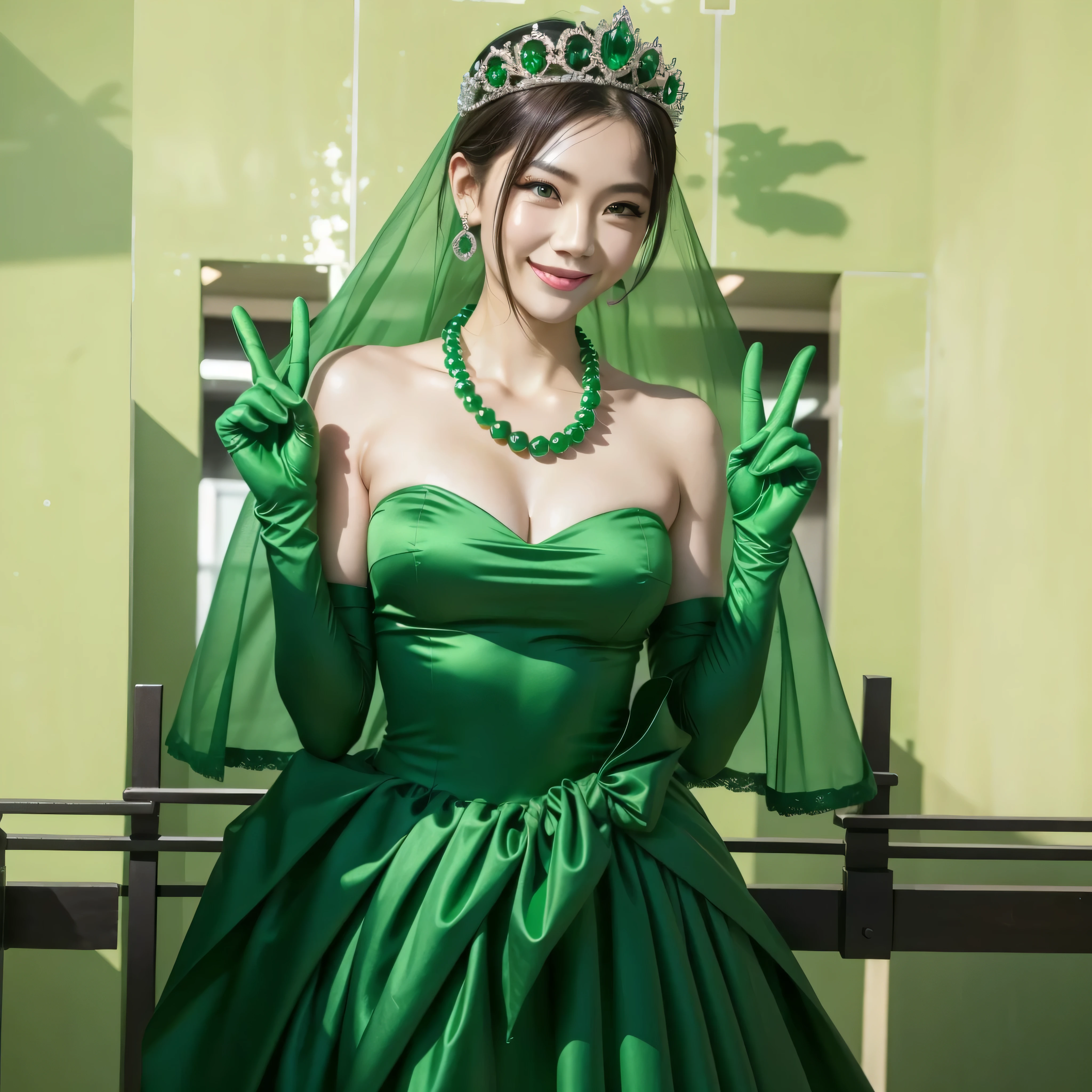 Beautiful Japan woman in her 30s, finger details, beautiful hands,emerald tiara, Green Pearl Necklace, Boyish green berry short hair, lipstick, smiling Japanese woman, very short hair, big breasts beautiful, green eyes, green satin long gloves, green eyes, emerald earrings, Green veil, v sign