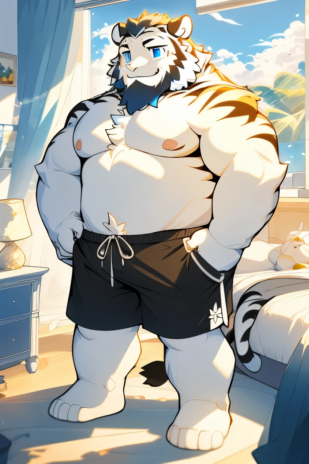 hairy（white tiger，male，Cloud pattern on right arm），beard，white fur，black and white stripes，blue eyes，No decoration，smile，indoor，bedroom，topless，black shorts，individual，Standing posture