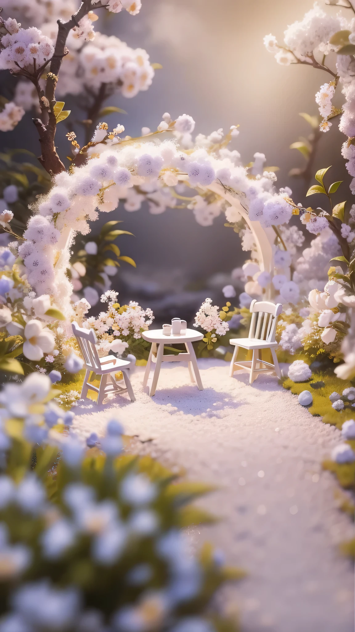 Magic garden miniature scene, delicate white flowers、soft glowing branches、Illuminated by happy smiling miniatures. 8K Autorealist,above the clouds、A lot of white cotton is falling on the ground、Fluffy cotton chair、cotton table、rainbow bridge,heaven