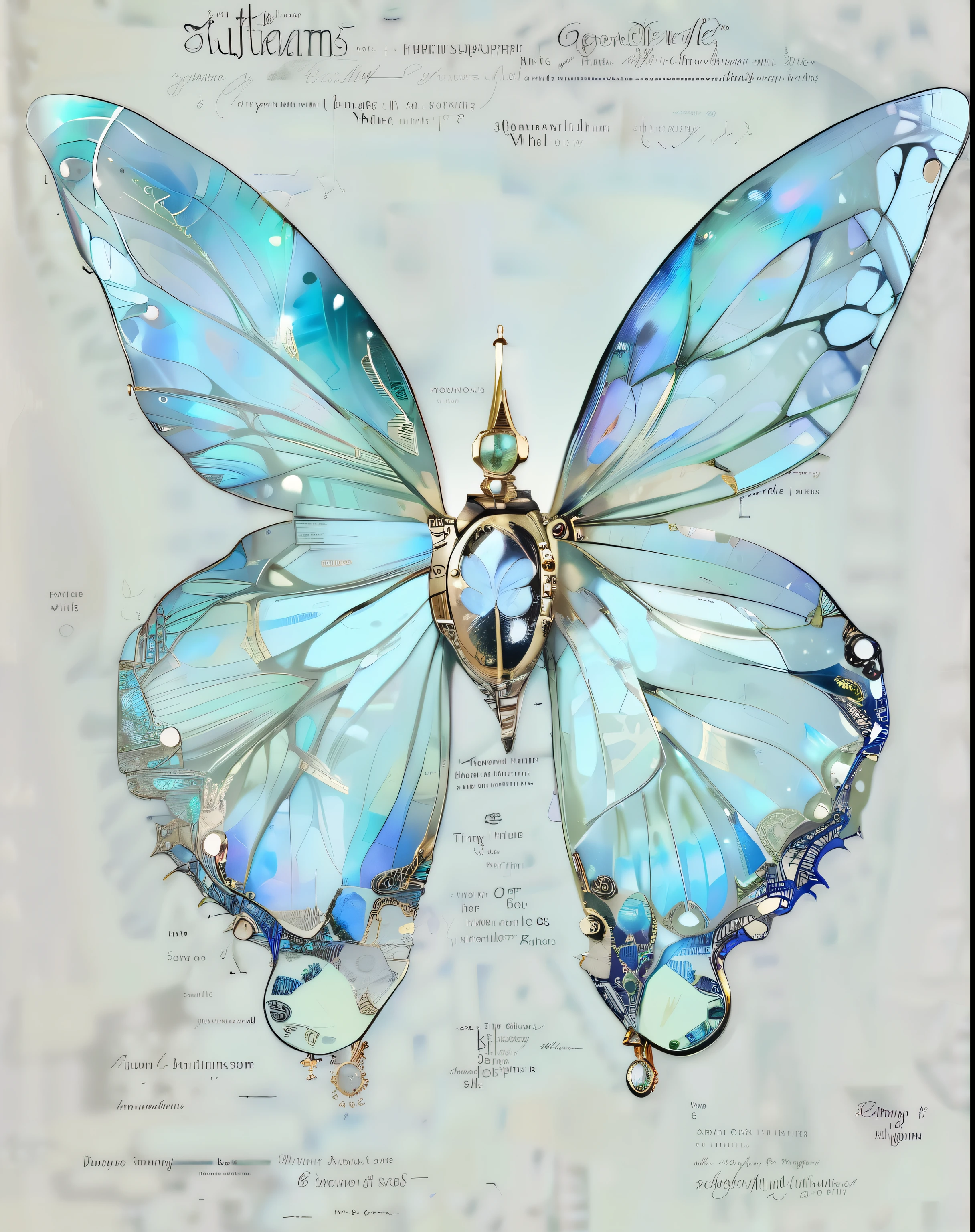 there is a Butterfly with a blue wing and a gold crown, Exquisite and handsome wings, Butterfly, steampunk Butterfly, Have beautiful wings, Butterfly jewelry, inspired by Daniel Merriam, glow,Very detailed, translucent,Exquisitely detailed wings, ethereal wings, transparent wings, harmony of Butterfly, Gossamer wings, Butterfly wings, mechanical Butterfly, beautiful art, tiffany style, transparent marble Butterfly