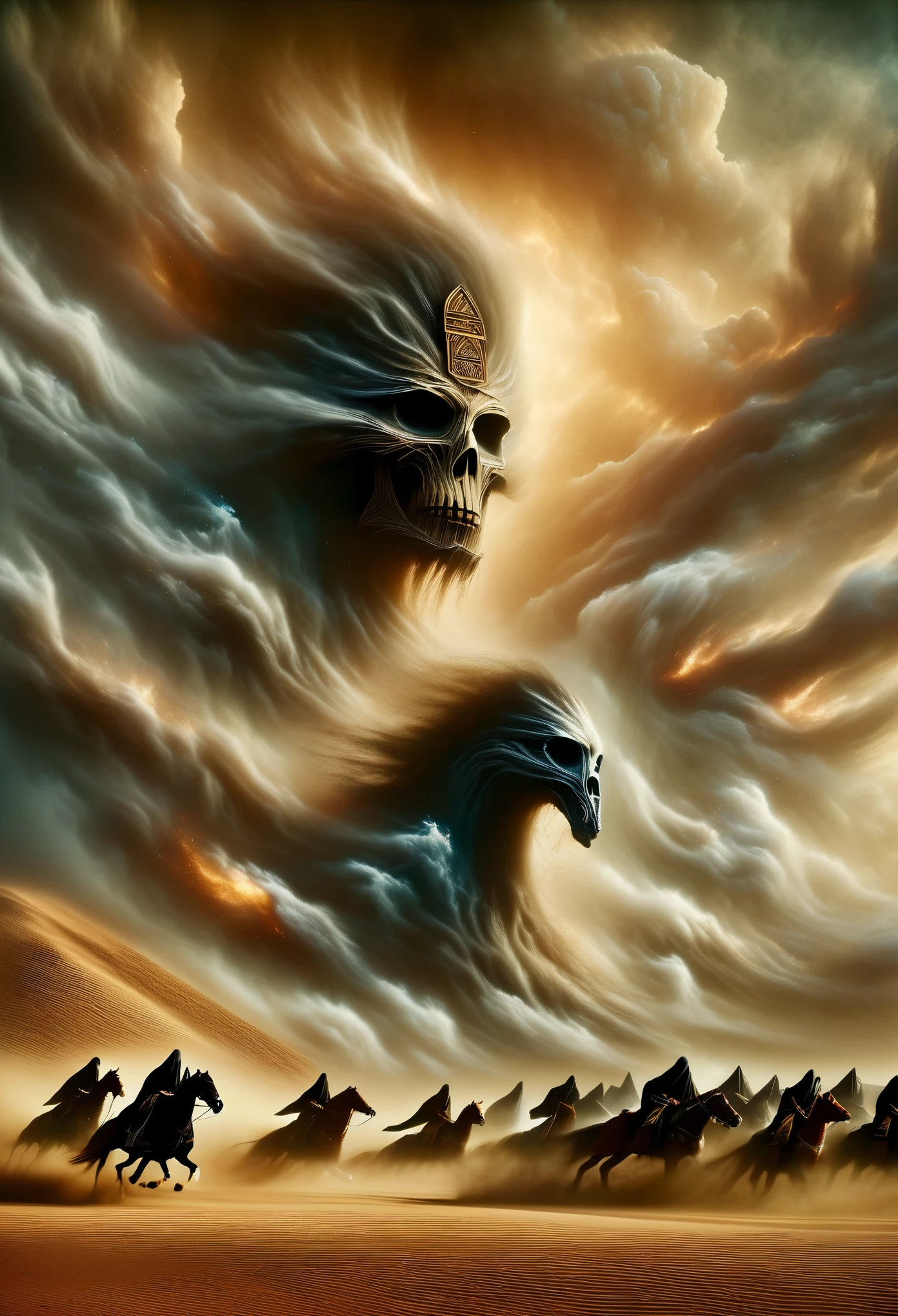 (desert, mummy, epic battle, ancient tomb, sandstorm), (oil painting, textured brushstrokes, dramatic lighting), (explosions, flying debris, intense action), (best quality, highres, ultra-detailed), (dark and gritty, ominous atmosphere), (warm earth tones, hint of gold), (focus on the fierce expressions, intricate Egyptian symbols),The skeleton army behind you,,Desert Storm,dark,gothic style,charge,horse riding