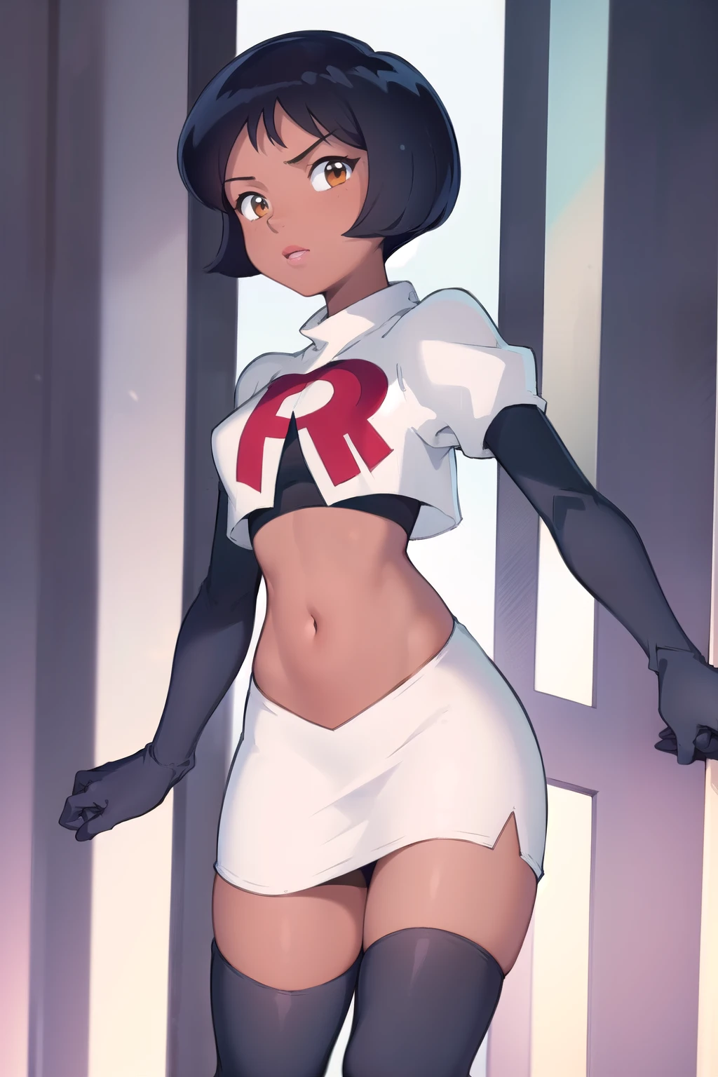 ((masterpiece, best quality)), 1girl,solo, alex, short hair, black hair, brown eyes, dark skin, tan, lipstick, team rocket,team rocket uniform,white skirt,red letter R,crop top,black thigh-highs,black elbow gloves