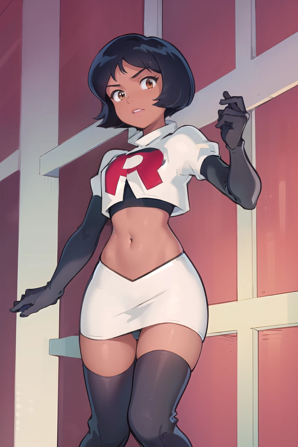 ((masterpiece, best quality)), 1girl,solo, alex, short hair, black hair, brown eyes, dark skin, tan, lipstick, team rocket,team rocket uniform,white skirt,red letter R,crop top,black thigh-highs,black elbow gloves