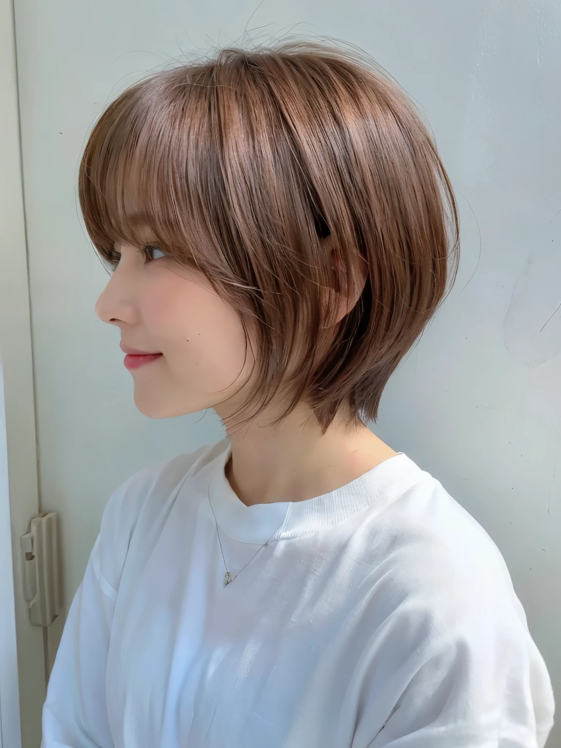 white wall、Taken in front of the white door、(8k、Live shooting、highest quality、masterpiece:1.2)、High-definition RAW color photo、light gray long sleeve shirt、professional photos、(genuine、フォトgenuine:1.37)、Photographed in natural light、1 girl、lazy smile、(various poses)、Blake is (ombre:1.3) 、spring clothes、simple necklace、don't look at the camera、profile、shortcut、((brown hair))、short hair、Eye color is dark brown、(Beautiful profile:1.3)、correct hand of human body、look down