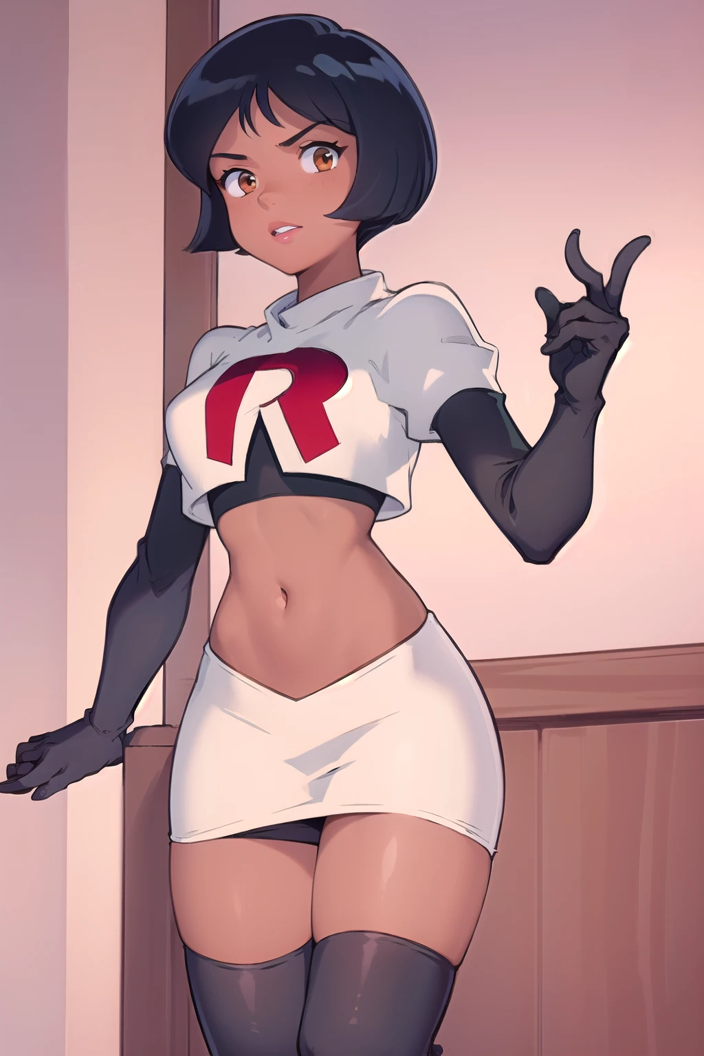 ((masterpiece, best quality)), 1girl,solo, alex, short hair, black hair, brown eyes, dark skin, tan, lipstick, team rocket,team rocket uniform,white skirt,red letter R,crop top,black thigh-highs,black elbow gloves