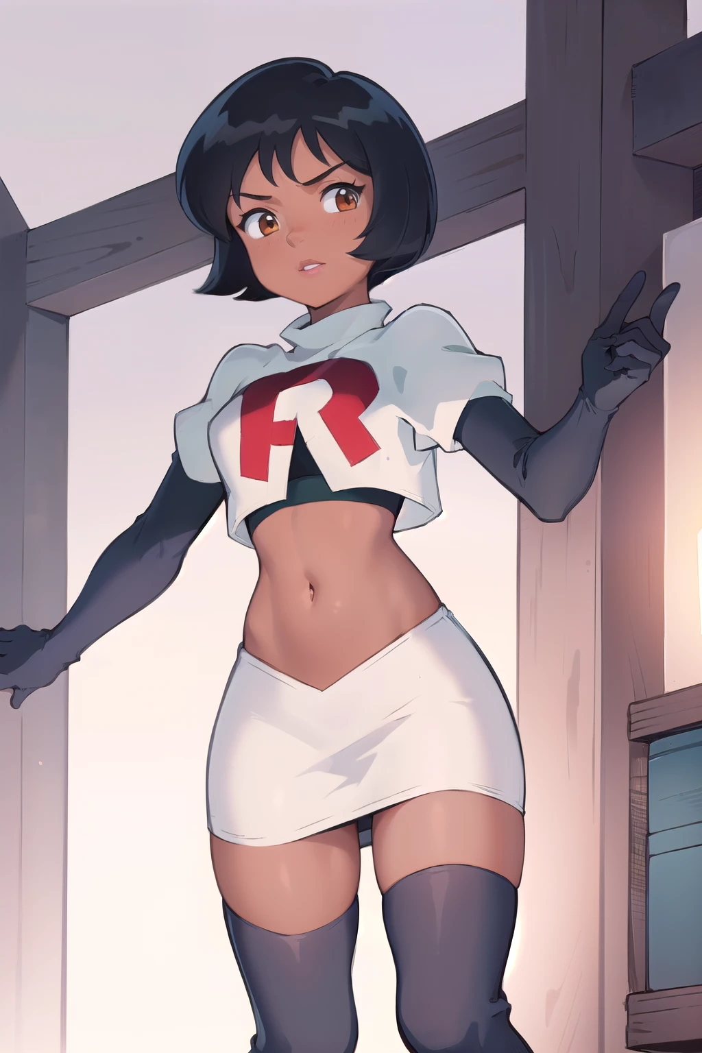 ((masterpiece, best quality)), 1girl,solo, alex, short hair, black hair, brown eyes, dark skin, tan, lipstick, team rocket,team rocket uniform,white skirt,red letter R,crop top,black thigh-highs,black elbow gloves