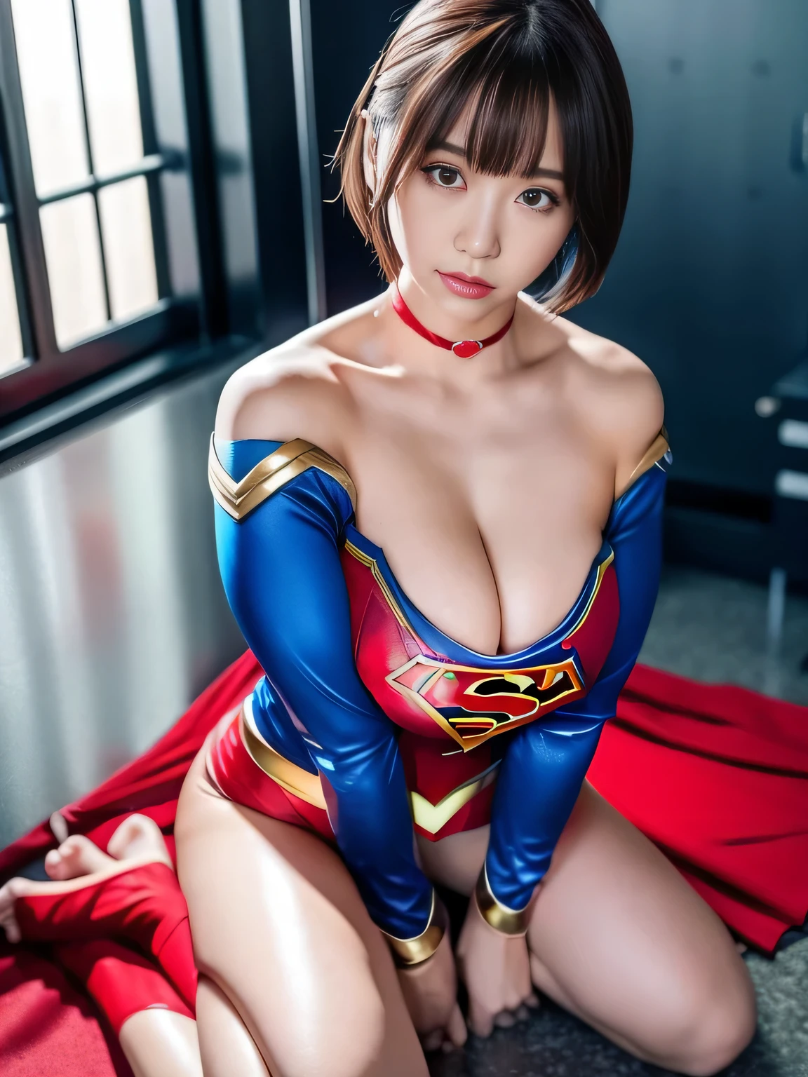 masterpiece、supergirl costume、short hair、barefoot、big and full breasts、human experiment subjects、Research room、operating table、Crisis situation、straddle、choker、shiny、looking at camera、Seduce、choker、long sleeve、red sexy pose、model body shape、