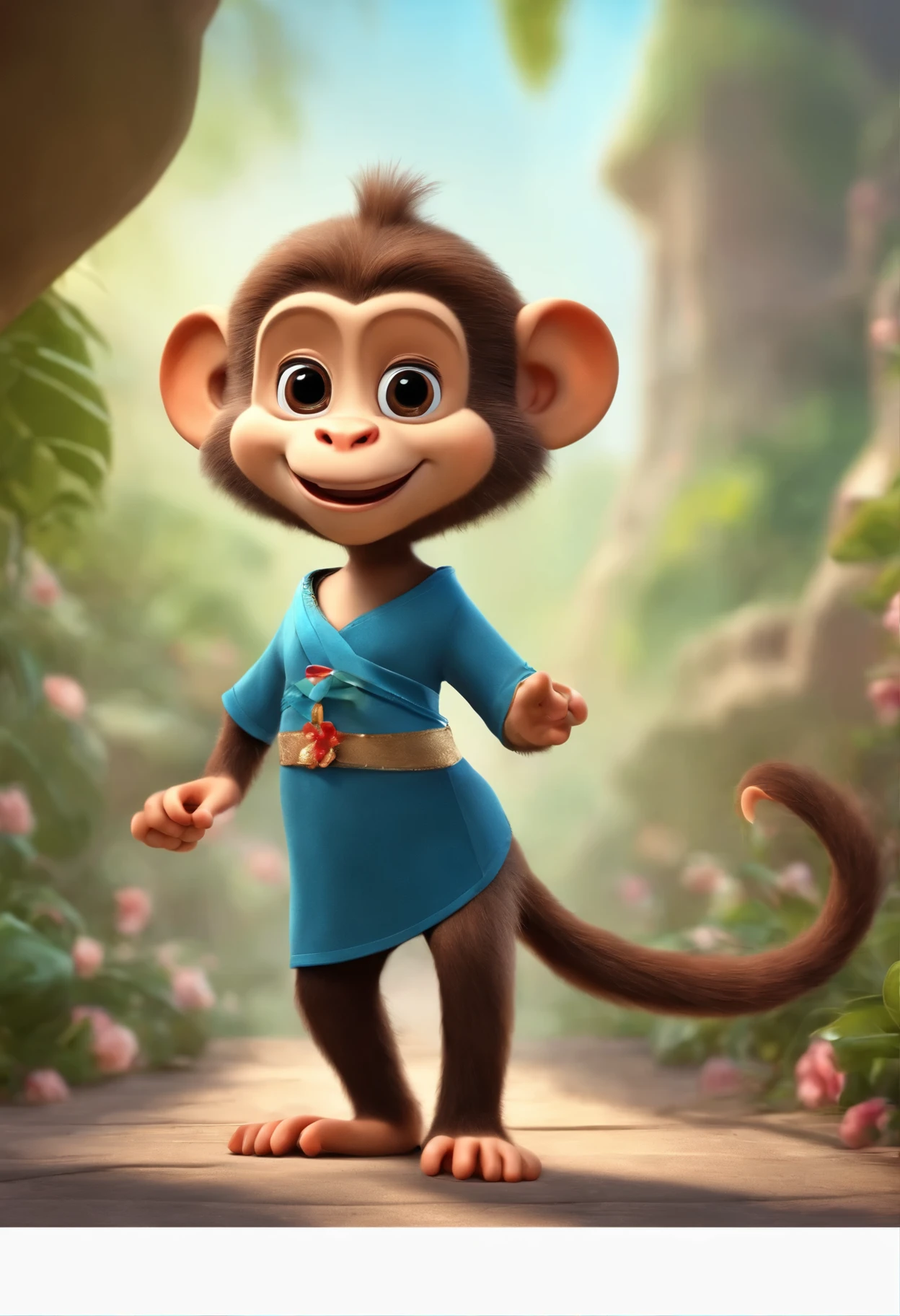 Create in 3D, Ultra HD, Disney Pixar style, a monkey, she is smiling, charismatic, looks sarcastic, talks mockingly, she is wearing a dress and sandals, has a shiny ribbon on her head