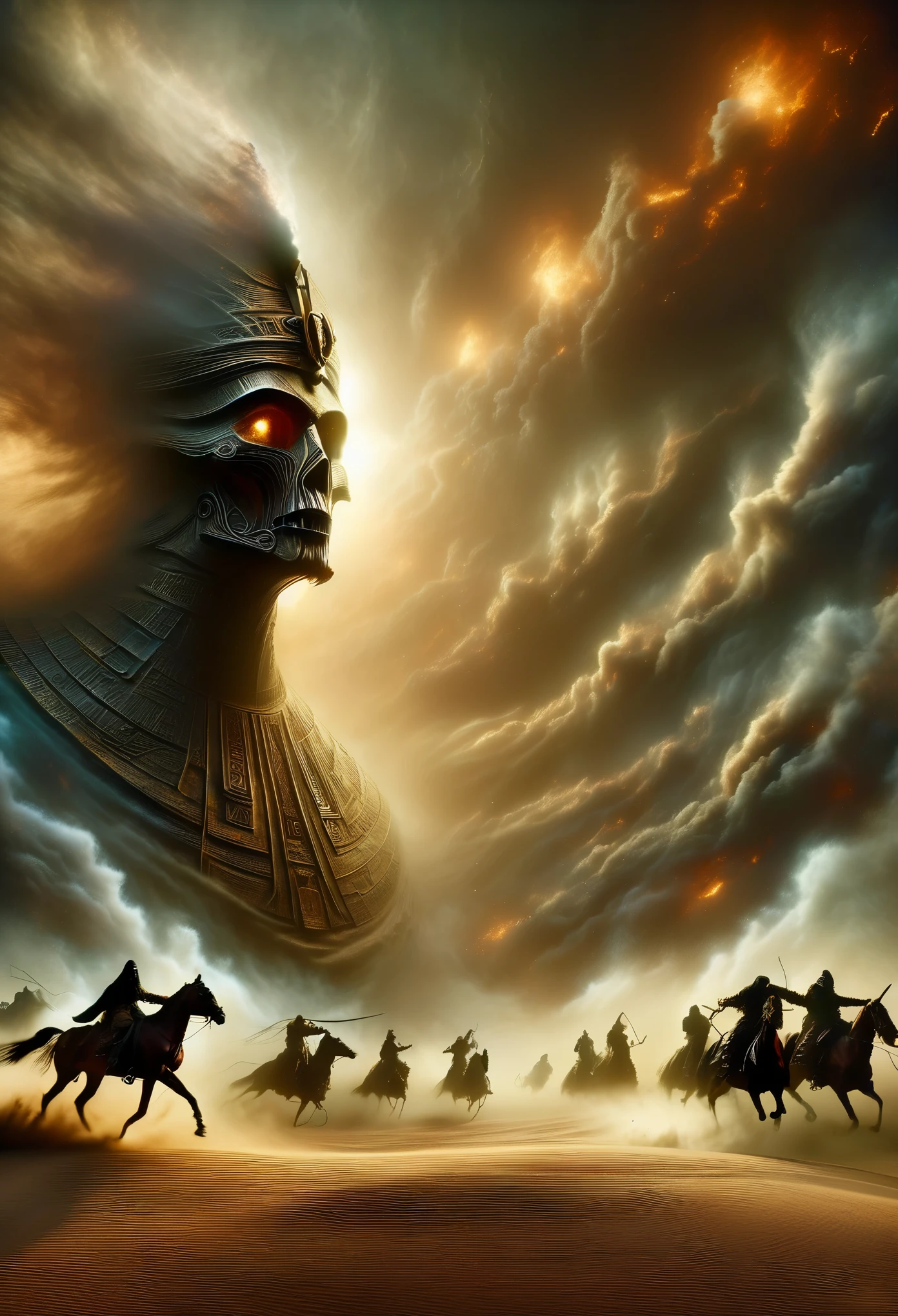 (desert, mummy, epic battle, ancient tomb, sandstorm), (oil painting, textured brushstrokes, dramatic lighting), (explosions, flying debris, intense action), (best quality, highres, ultra-detailed), (dark and gritty, ominous atmosphere), (warm earth tones, hint of gold), (focus on the fierce expressions, intricate Egyptian symbols)，The skeleton army behind you，，Desert Storm，dark，gothic style，charge，horse riding