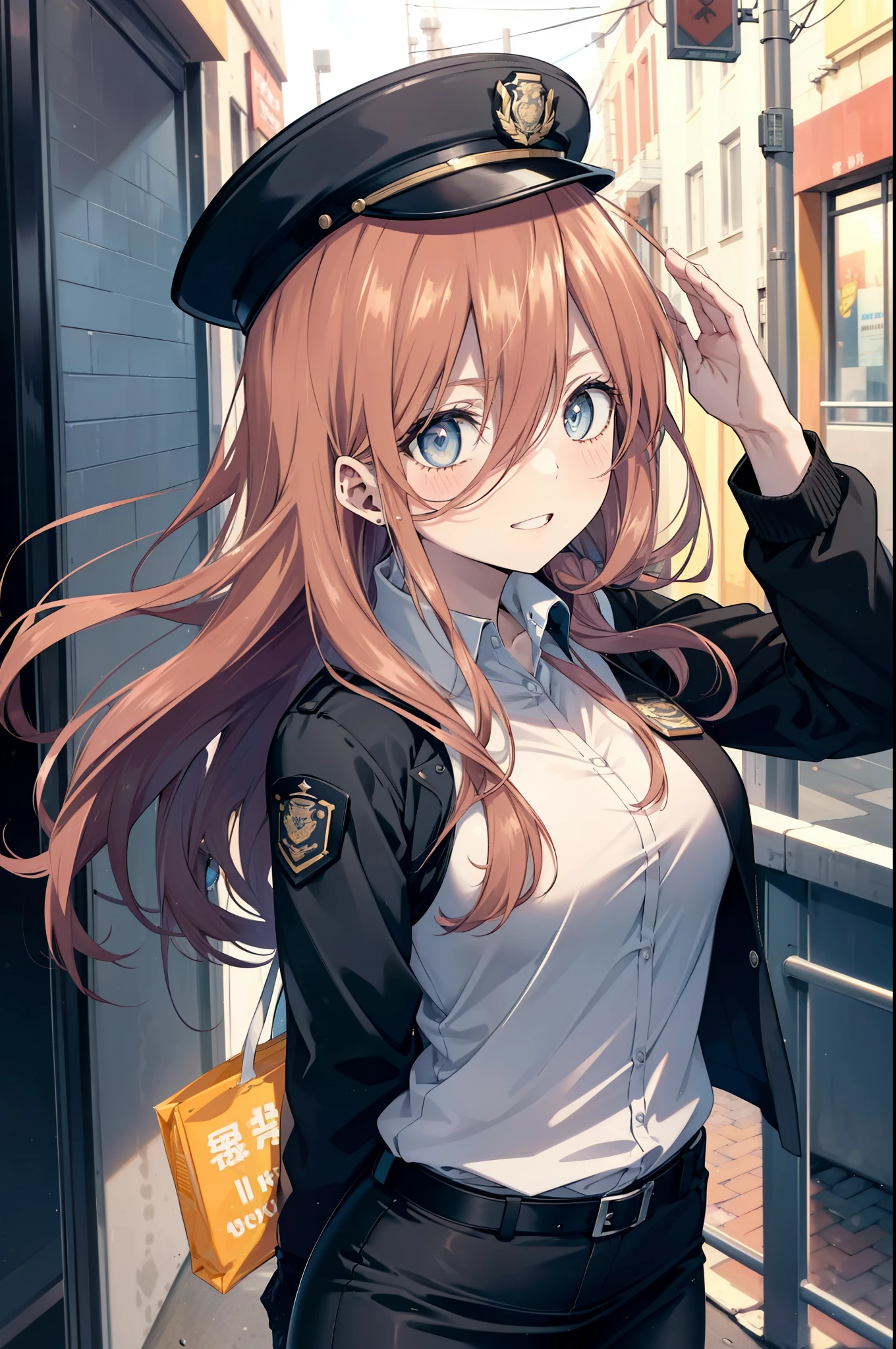 miku nakano, Nakano Miku Ticket III, long hair, bangs, blue eyes, brown hair, hair between eyes, headphones ,police hat,smile,blush,open your mouth,sexy police uniform,black pencil skirt,black pantyhose,stiletto heels,The girl salutes with her left hand,Place your right hand on your hip.,Looking up,sunrise,morning,sun,
break outdoors, In town,building street,
break looking at viewer, (cowboy shot:1.5), (Upper body:1.5),
break (masterpiece:1.2), highest quality, High resolution, unity 8k wallpaper, (figure:0.8), (detailed and beautiful eyes:1.6), highly detailed face, perfect lighting, Very detailed CG, (perfect hands, perfect anatomy),