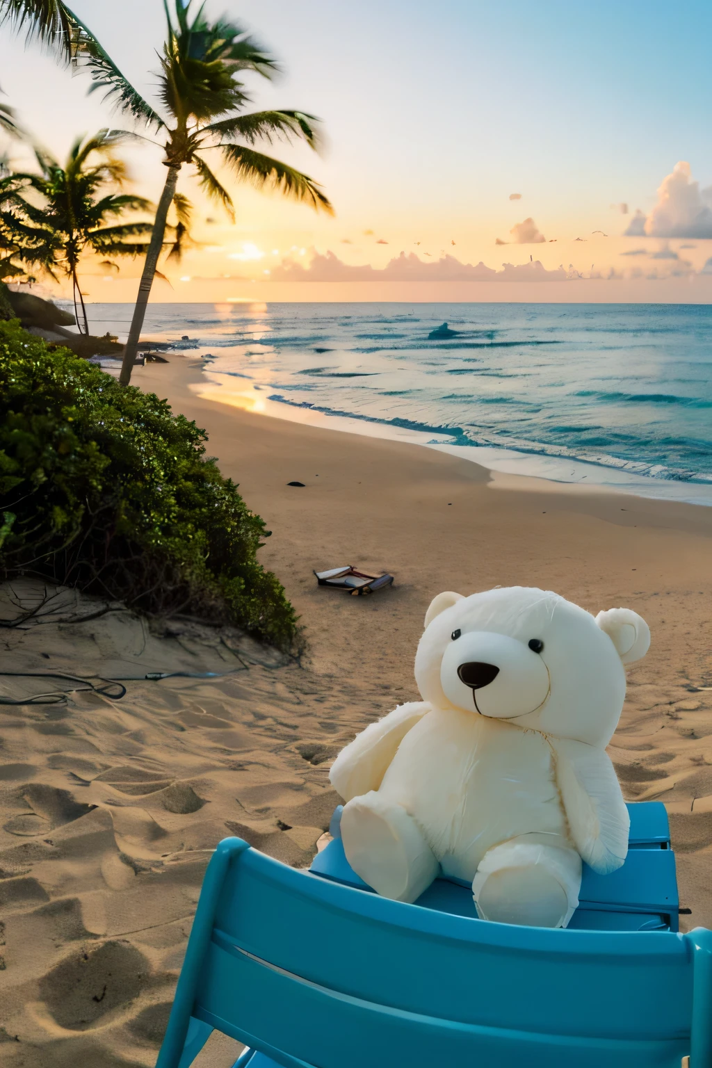 There are beach chairs on the beach of the southern island.、headphones、A stuffed polar bear is placed。relax time、Dusk falls on the horizon。